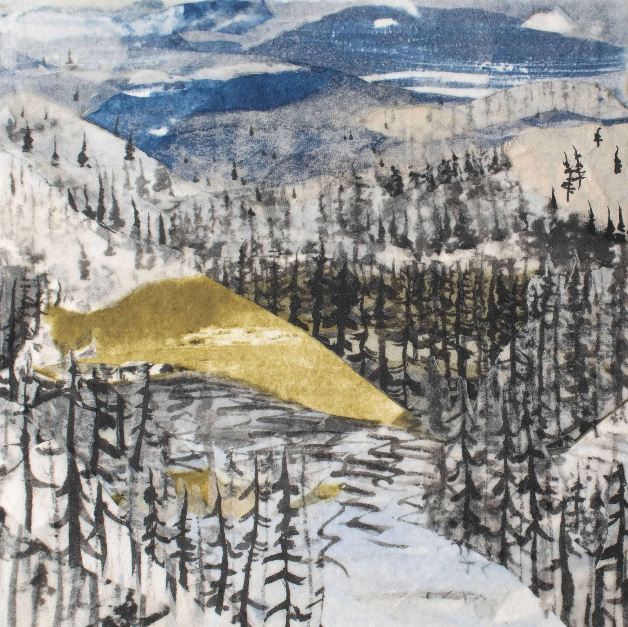 Mixed media landscape collage depicting layered mountain terrain, forested slopes, and shifting atmospheric color.