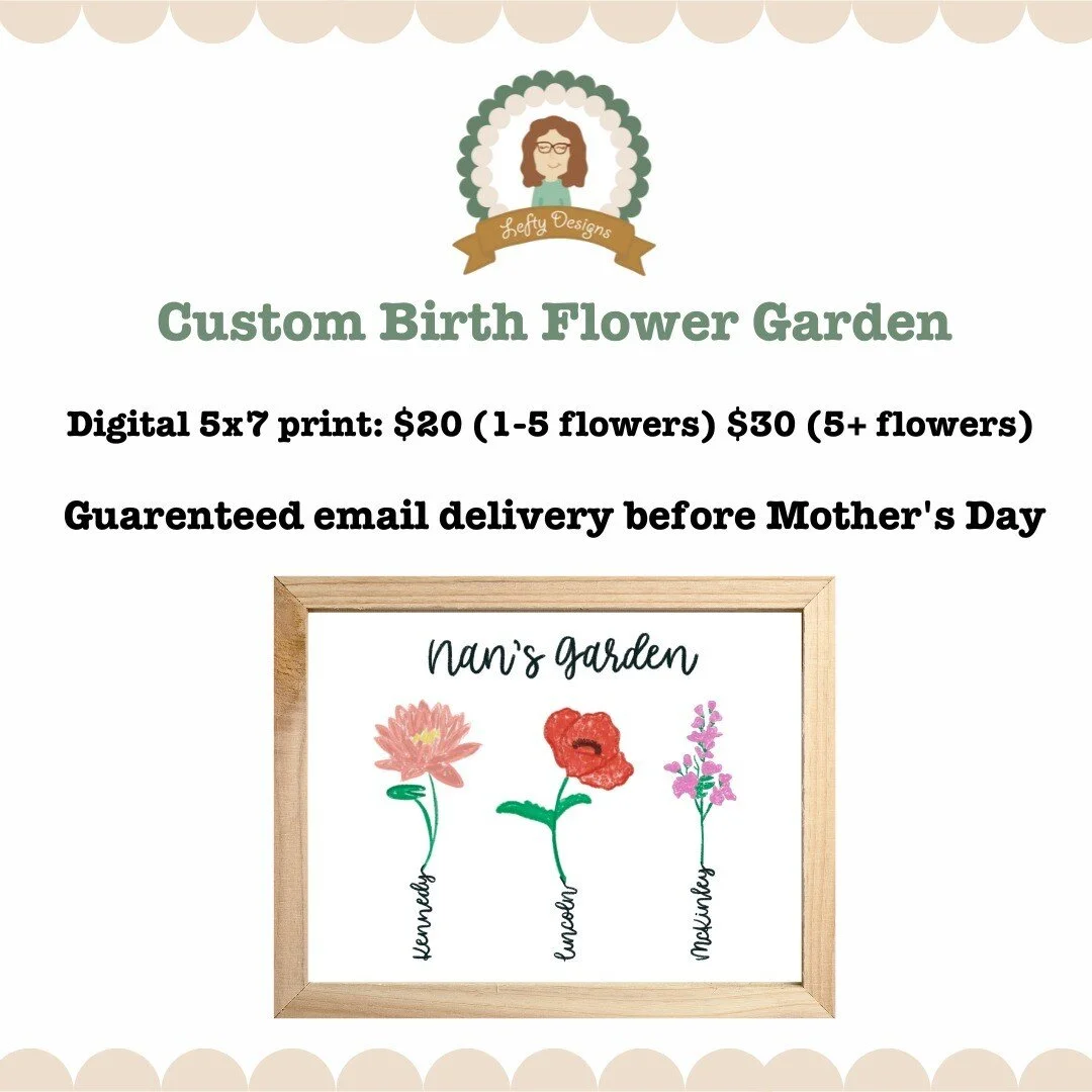 Do you need a last minute Mother's Day gift? A birth flower garden would be perfect for your mom or grandmother. This is a digital print that you could easily send off to Walgreens to be printed. Message me to order yours!
