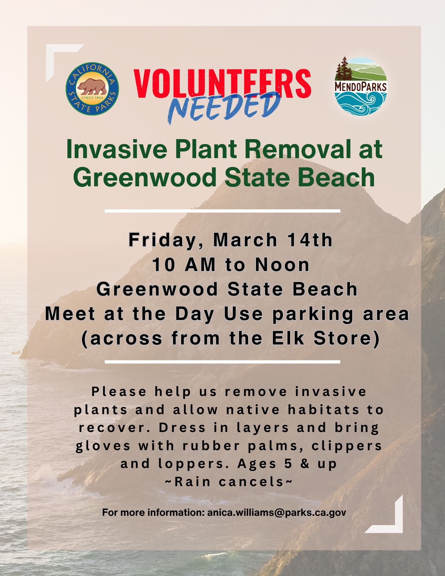 Help us remove Invasive Plant Removal at Greenwood State Beach AND have fun doing it!
Friday, March 14th
10 AM to Noon
Greenwood State Beach
Meet at the Day Use parking area (across from Elk Store)
We will focus on Broom along the trails and using th