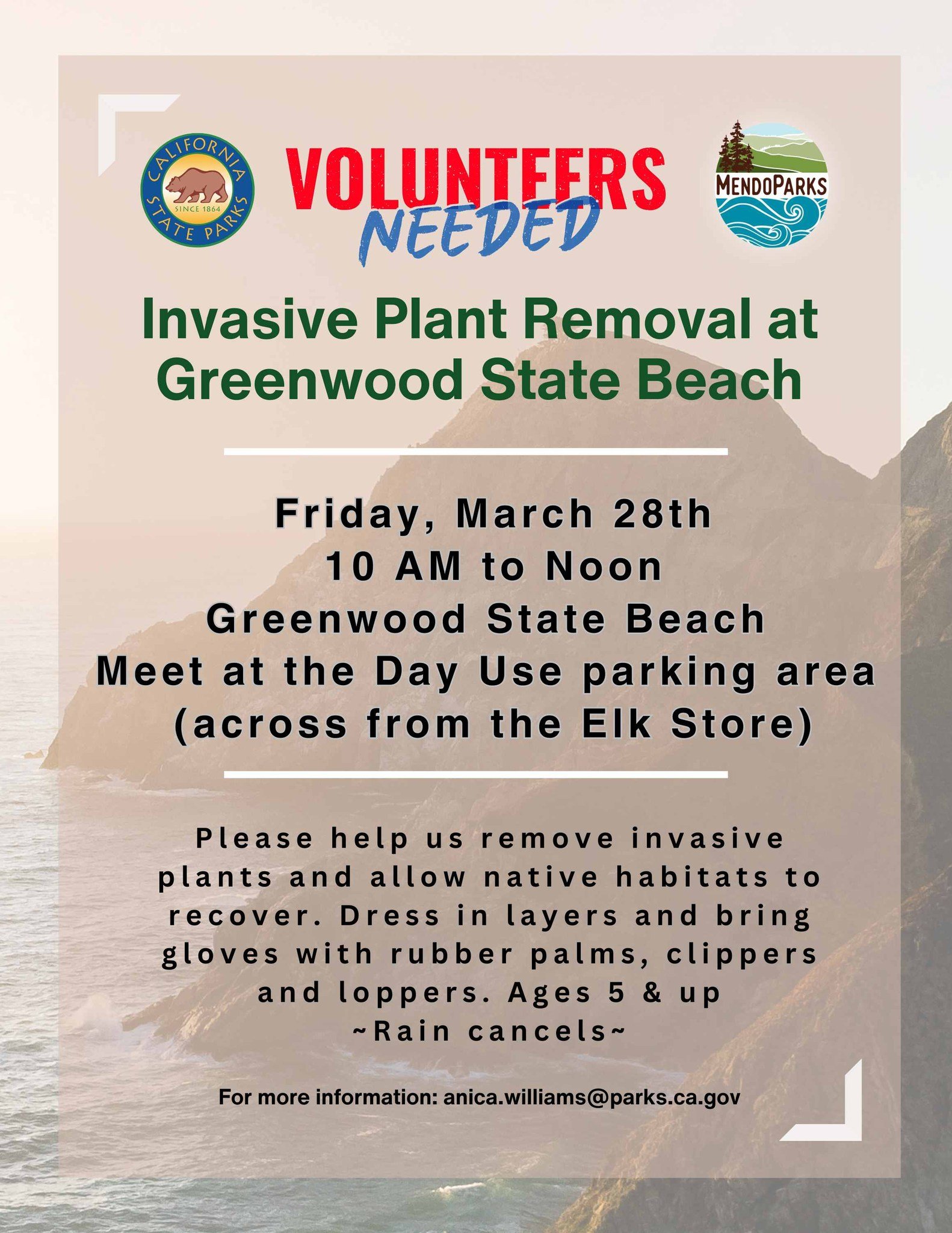 Unfortunately due to rain we are canceling today's invasive plant removal at Greenwood, BUT, fret not! We're trying again on Friday, March 28!
Invasive Plant Removal at Greenwood State Beach!
10 AM to Noon | Friday, March 28
Greenwood State Beach
Mee