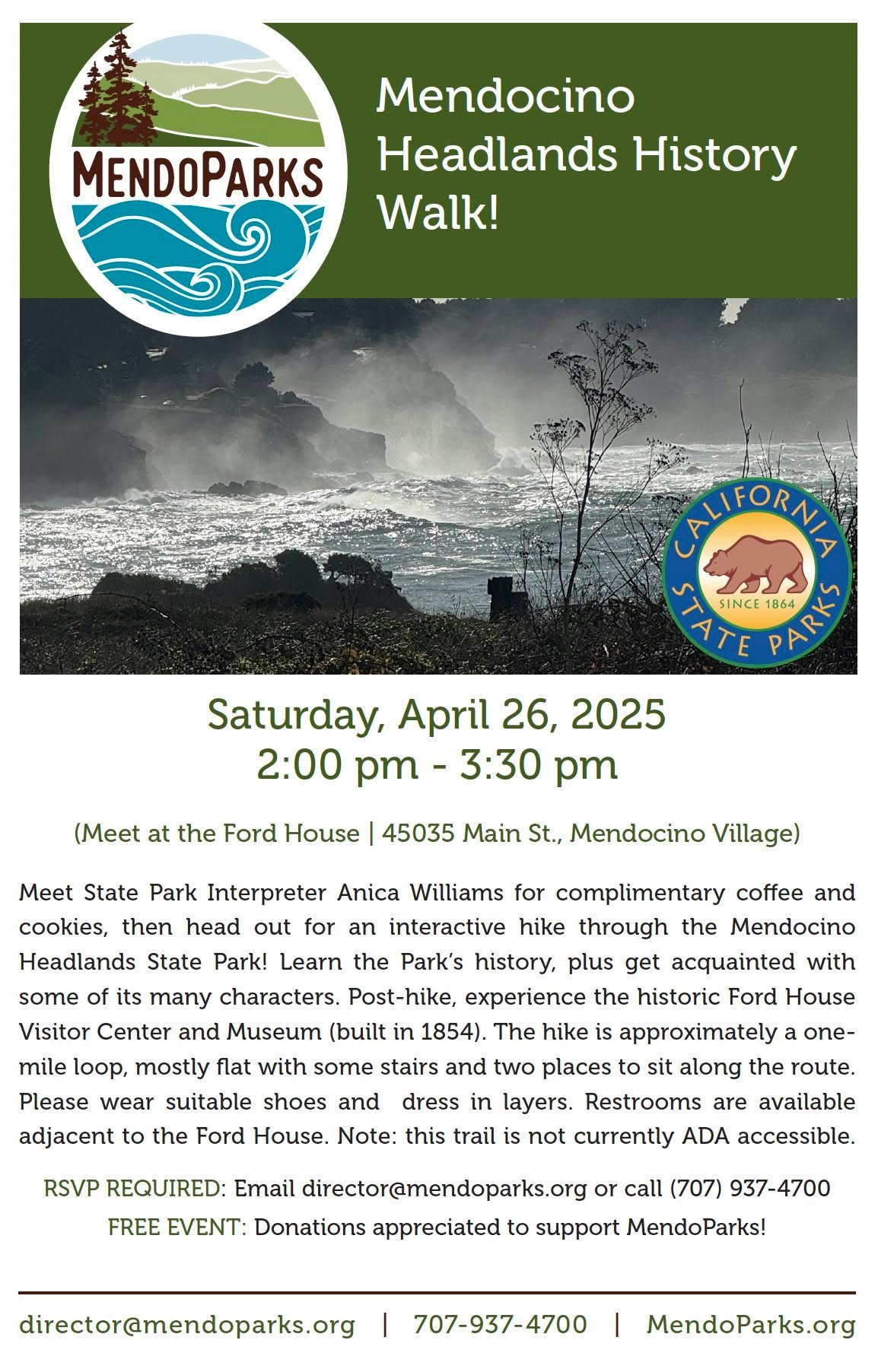Mendocino Headlands History Walk!

Meet State Park Interpreter Anica Williams for complimentary coffee and cookies, then head out for an interactive hike through the Mendocino Headlands State Park! Learn the Park&rsquo;s history, plus get acquainted 