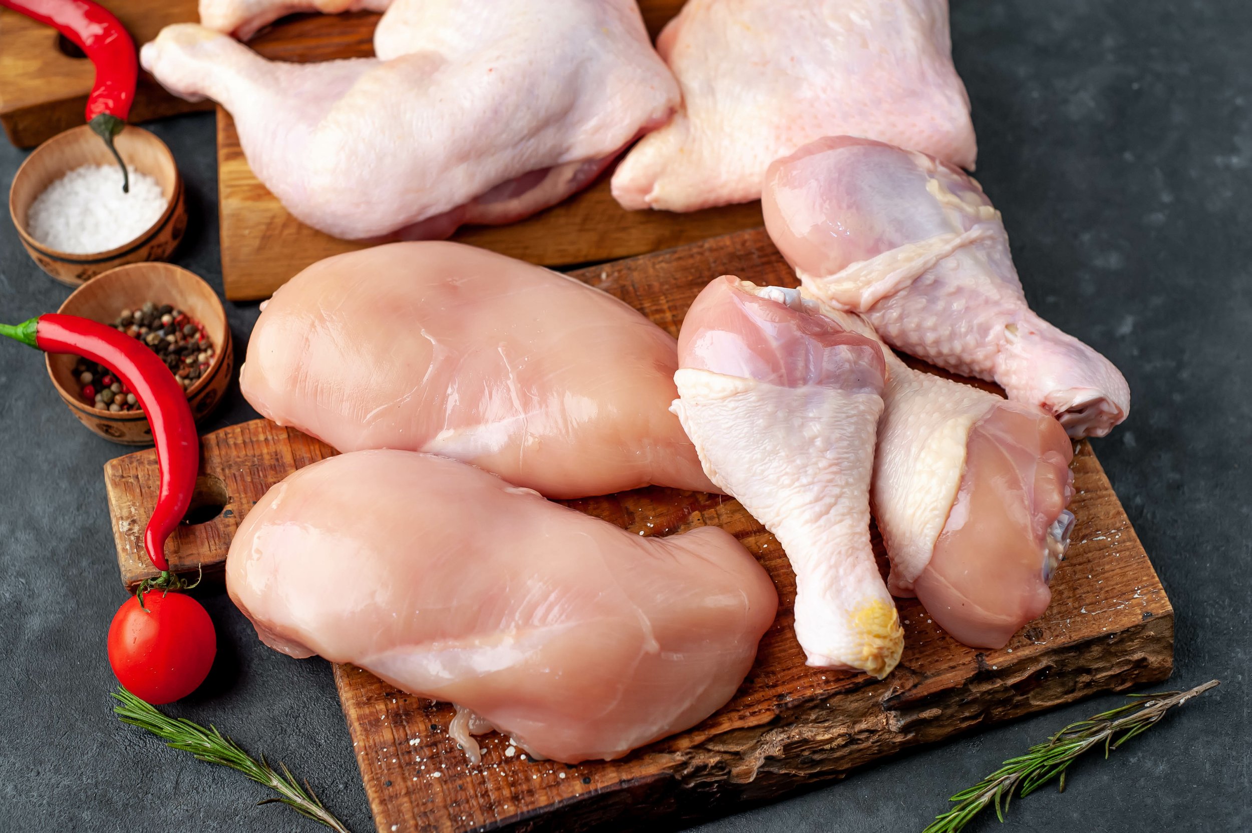 Raw chicken parted into individual legs, breast, and wigs (Copy) (Copy)