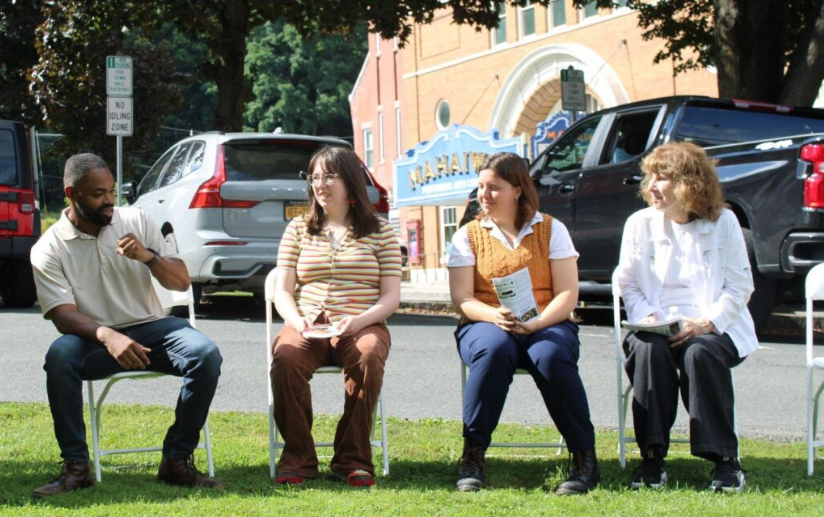 Marcus chats with MassArt students Abby Glover and Sunny Sunerberg and their Professor Irena Roman