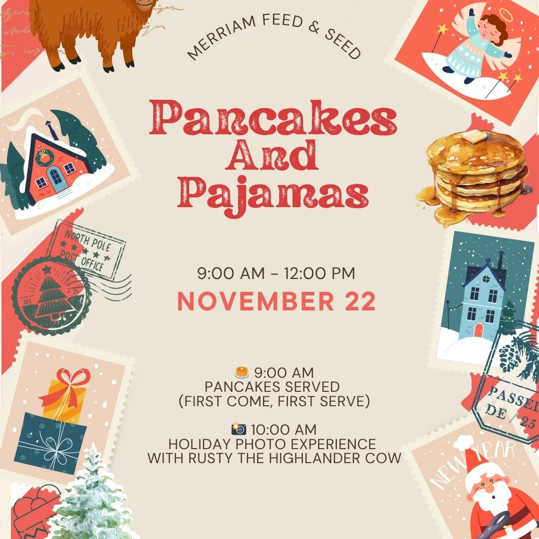 Save the date and bring the PJs. 
Pancakes &amp; Pajamas at Merriam Feed
📅 Sat, Nov 22 &bull; 🥞 9am &bull; 📸 10am with Rusty the Highlander Cow
$5 emailed photo or take your own. RSVP today &mdash; link in bio.