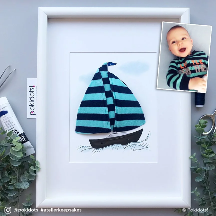 Personalized baby keepsake made with baby pajama in the shape of a sailboat