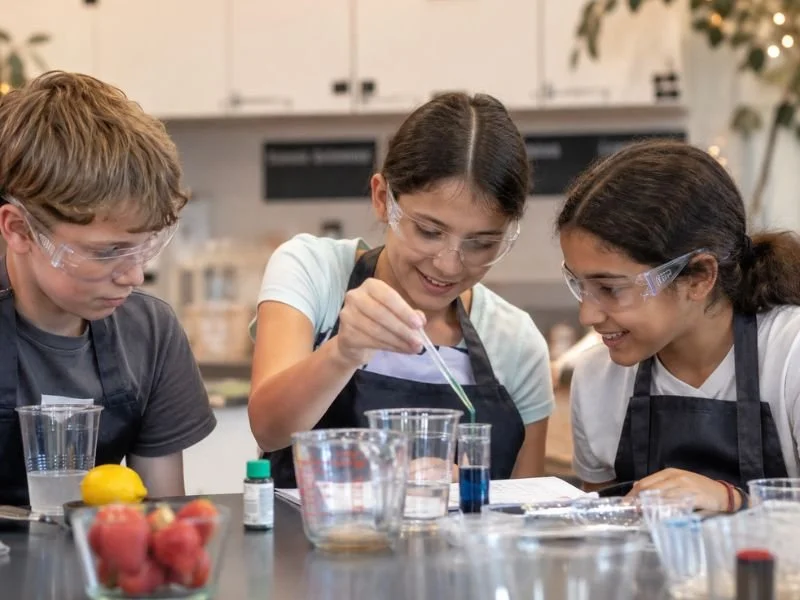 A redding summer activity for pre-teens showing 3 kids doing science experiments related to food