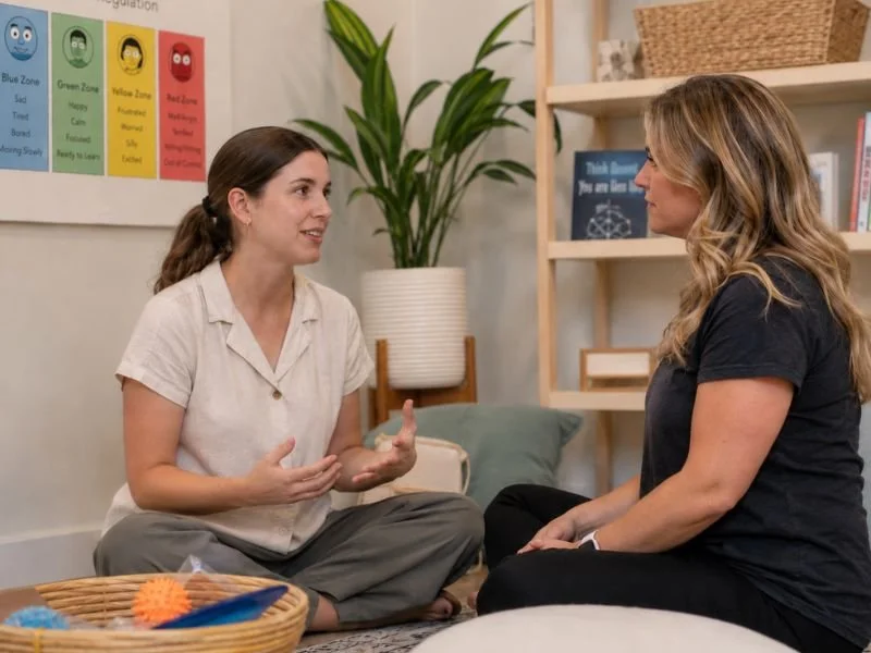 A mother taking the Regulation Station class at Sensory Innovations learning about regulation techniques for infants and toddlers