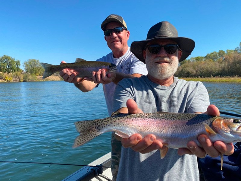 Two men trout and steelhead fishing on the Sacramento River 