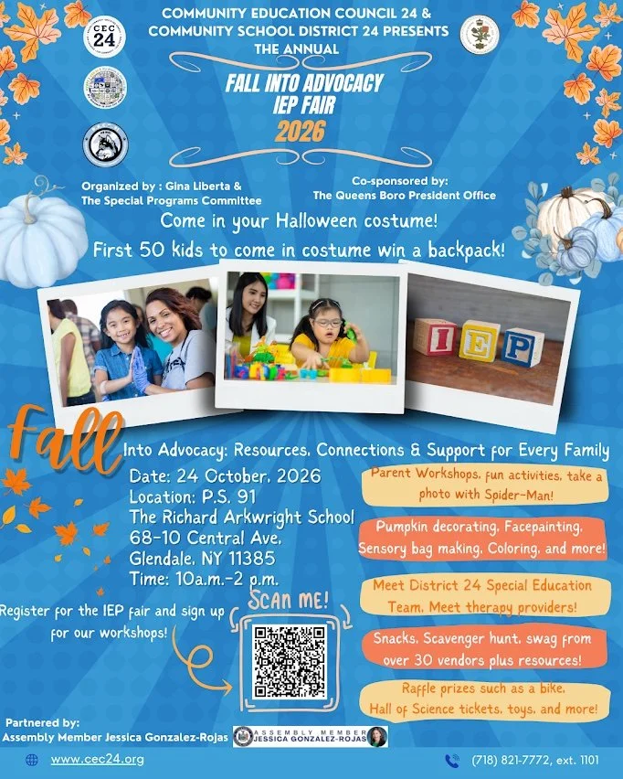 Flyer in blue with orange and yellow highlights and photos of children learning. At bottom center is a QR code to register for the IEP fair and sign up for workshops.