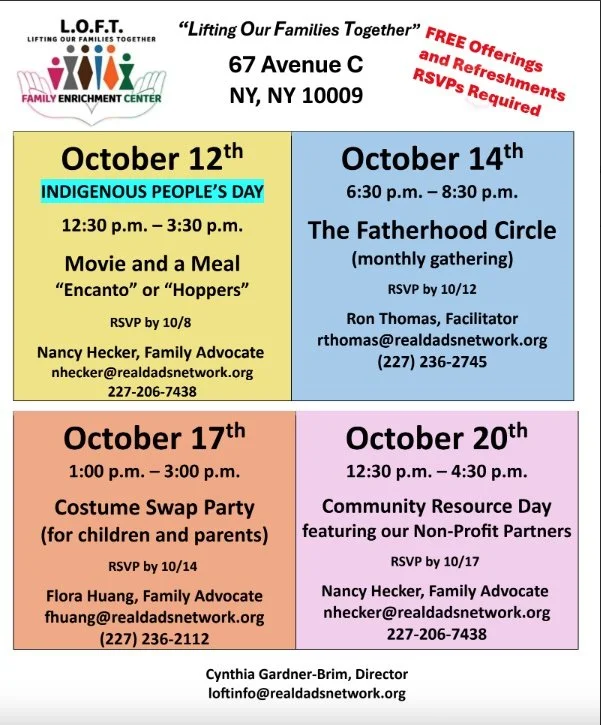 Flyer with 4 rectangles in yellow, blue, orange, and pink. loftinfo@realdadsnetwork.org