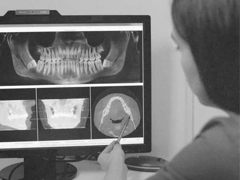 A dentist at Northstate Dental looking at a patient's x-rays to determine if dental implants are a good fit for them