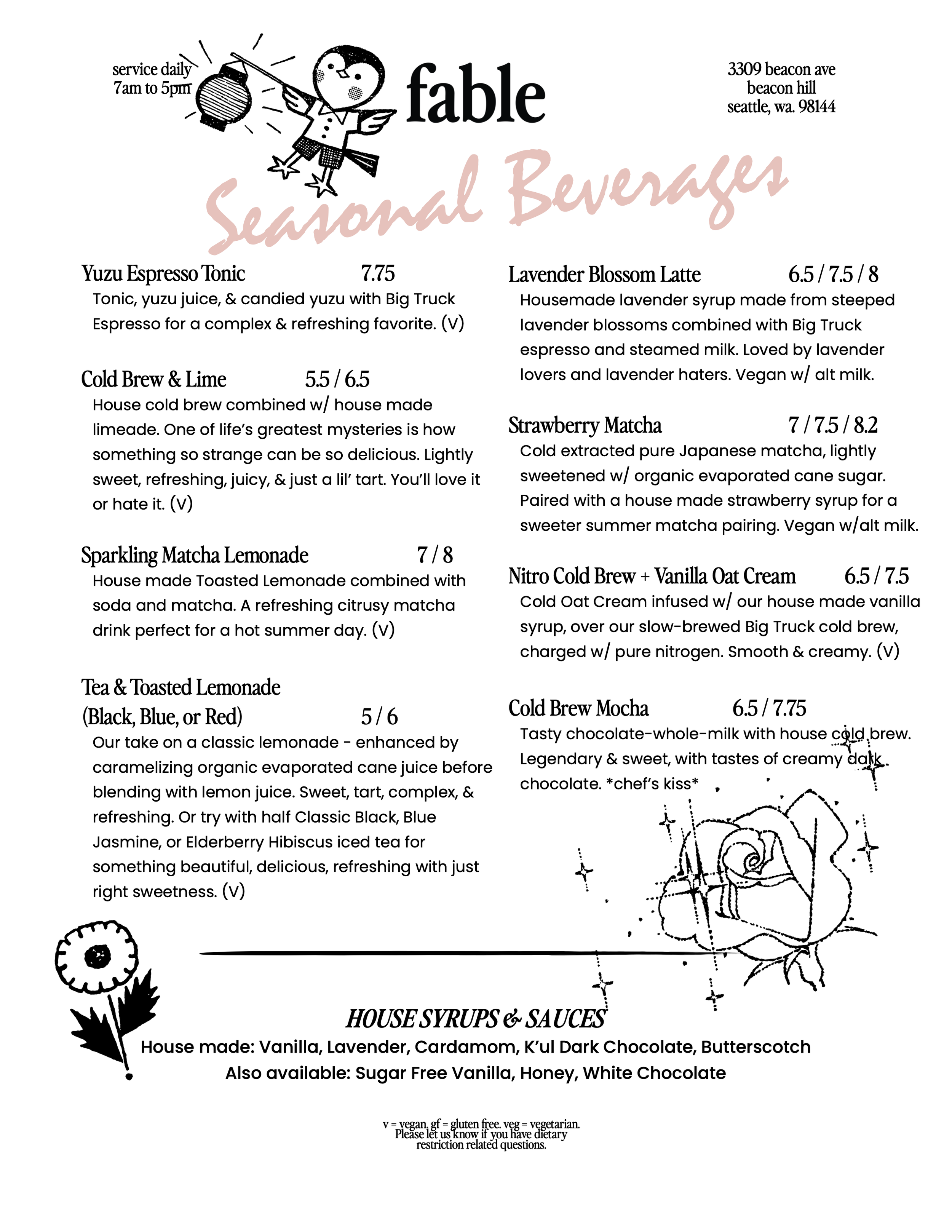 Fable example summer seasonal beverage menu 07/2026