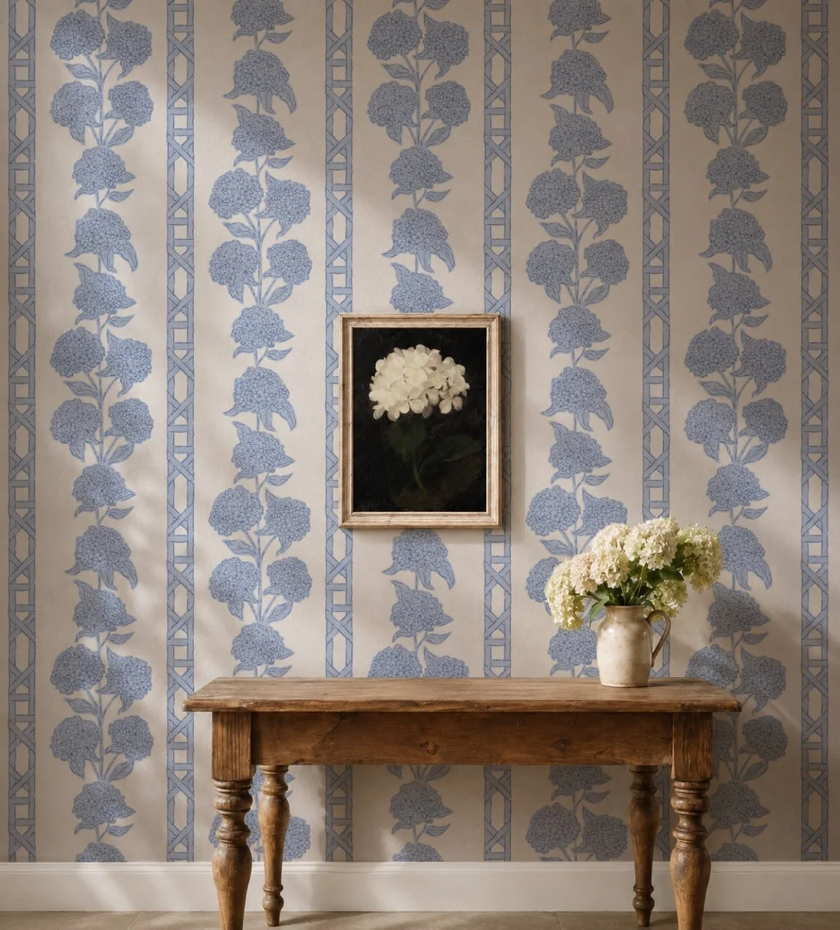 My entry for the current @spoonflower design challenge - Chinoiserie French hydrangea with a wicker trellis stipe. Search design ID: 23064856 #hydrangealove #floralwallpaper #chinoiserie #chinoiseriewallpaper