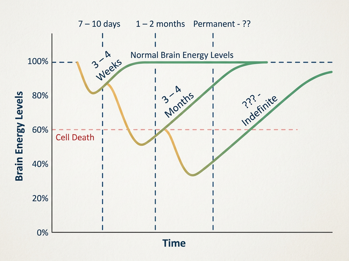 A chart showing the additive effects of successive concussions before full physiological recovery. A significantly prolonged recovery timeline, or in some cases, the brain my never fully recover.