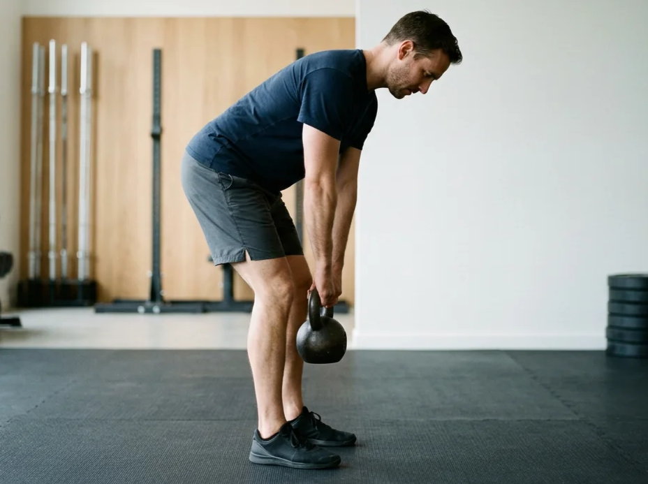 Man performing a hip-hinge with a kettlebell