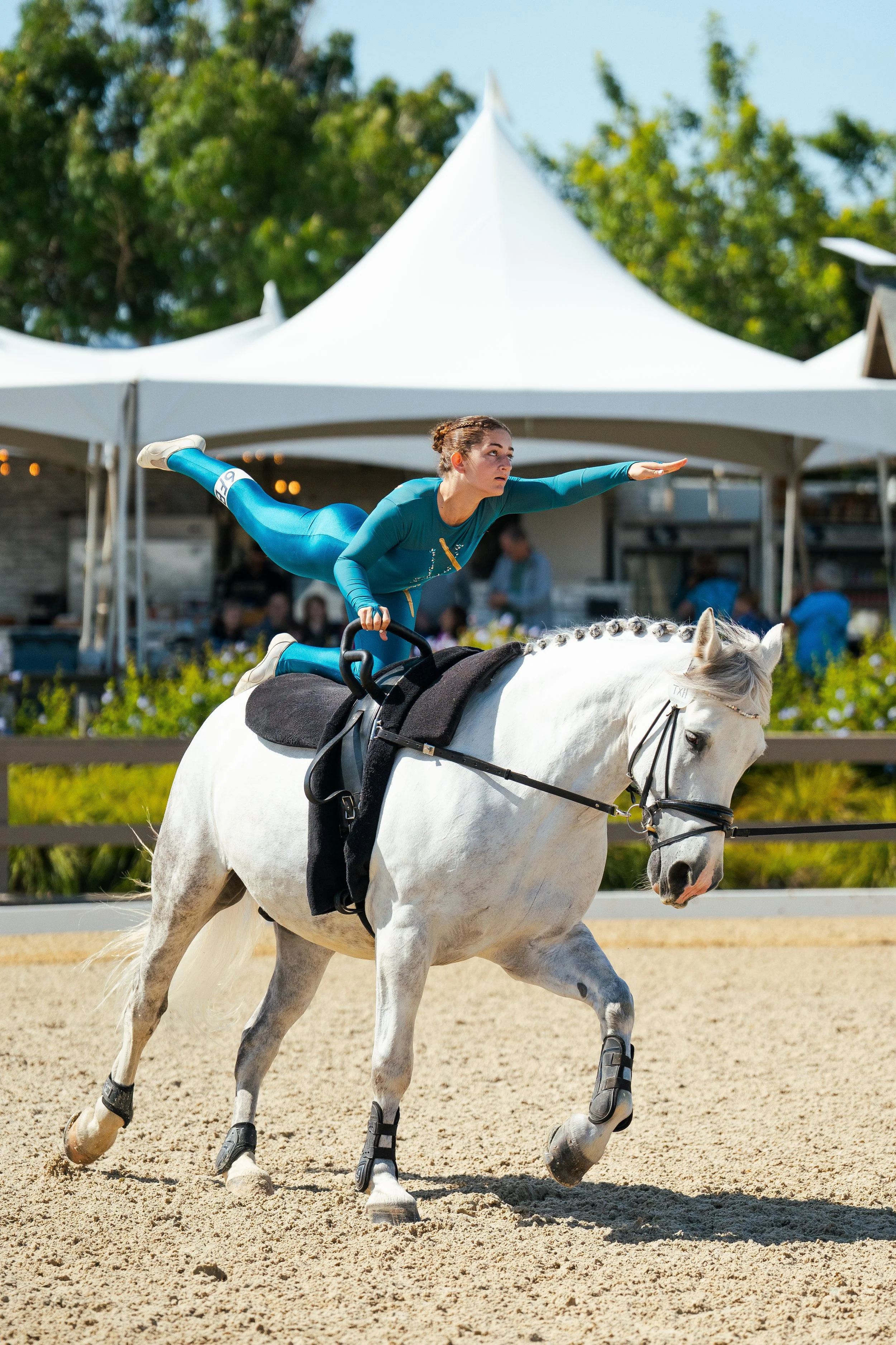 A woman in a white top and pink pants balances on a horse's head during a dressage demonstration outdoors on a sunny day with a mountain and trees in the background.