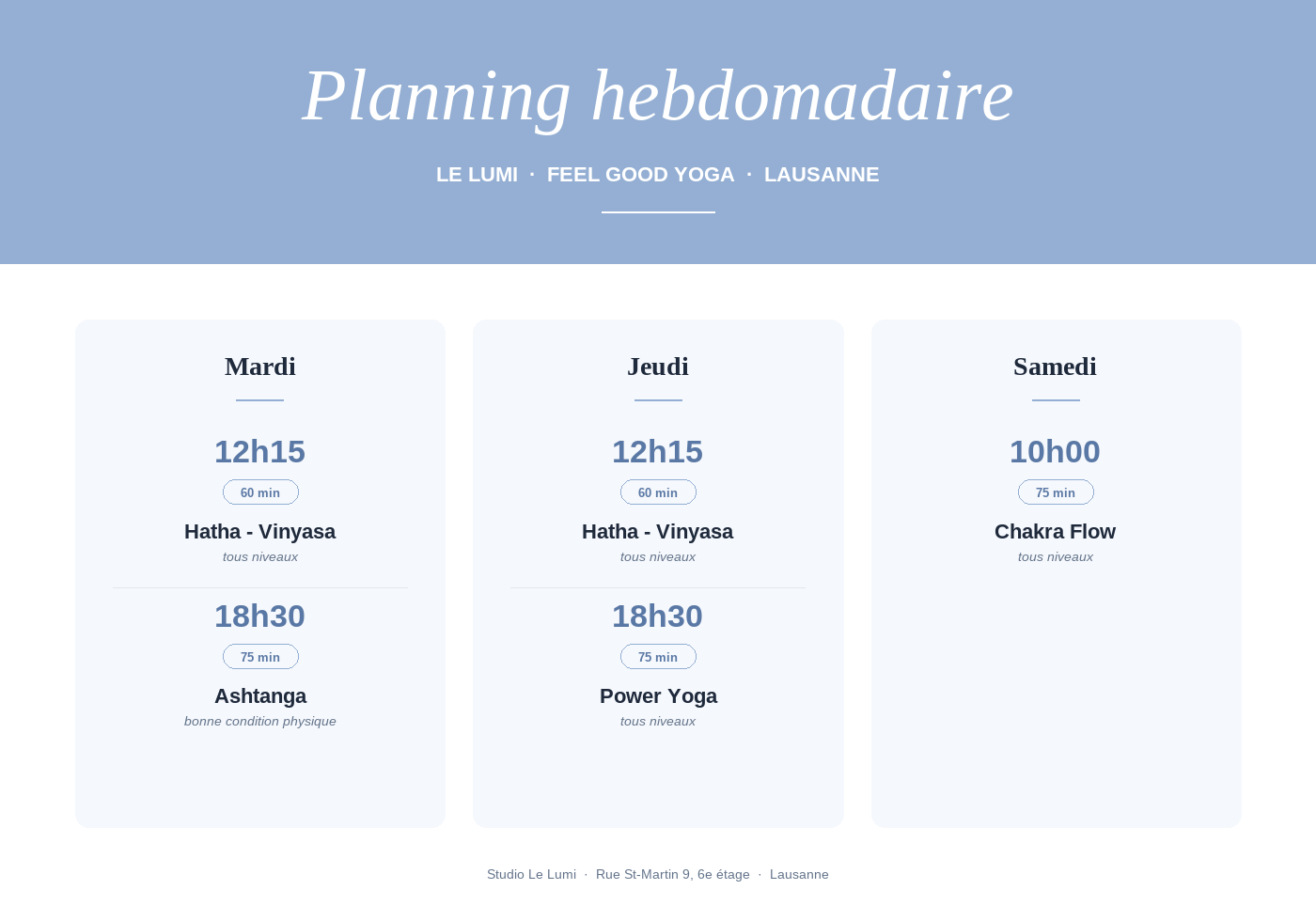 Planning hebdomadaire de cours de yoga à Lausanne comprenant des sessions le mardi, jeudi et samedi, avec horaires et types de yoga indiqués.