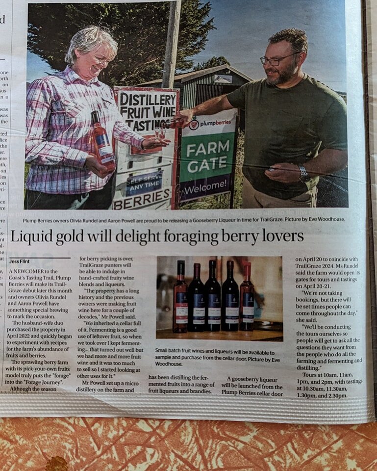 Page 2 of today's Advocate newspaper. Thank you Jess and Eve for visiting our farm and distillery to talk to us and take photos.
Trailgraze '24 is shaping up to be a great weekend. 19-21 April.

@trail_graze @tastingtrail_tasmania #plumpberries #nort