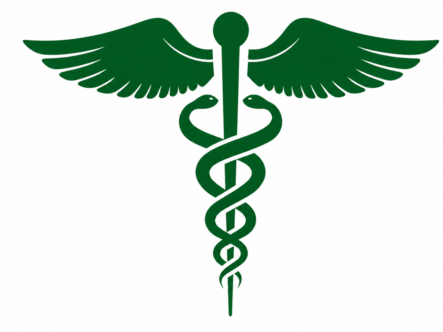 Grøn Medicinsk logo med en staffelikestang med to snake, med vinger øverst, symboliserer medicinsk profession.