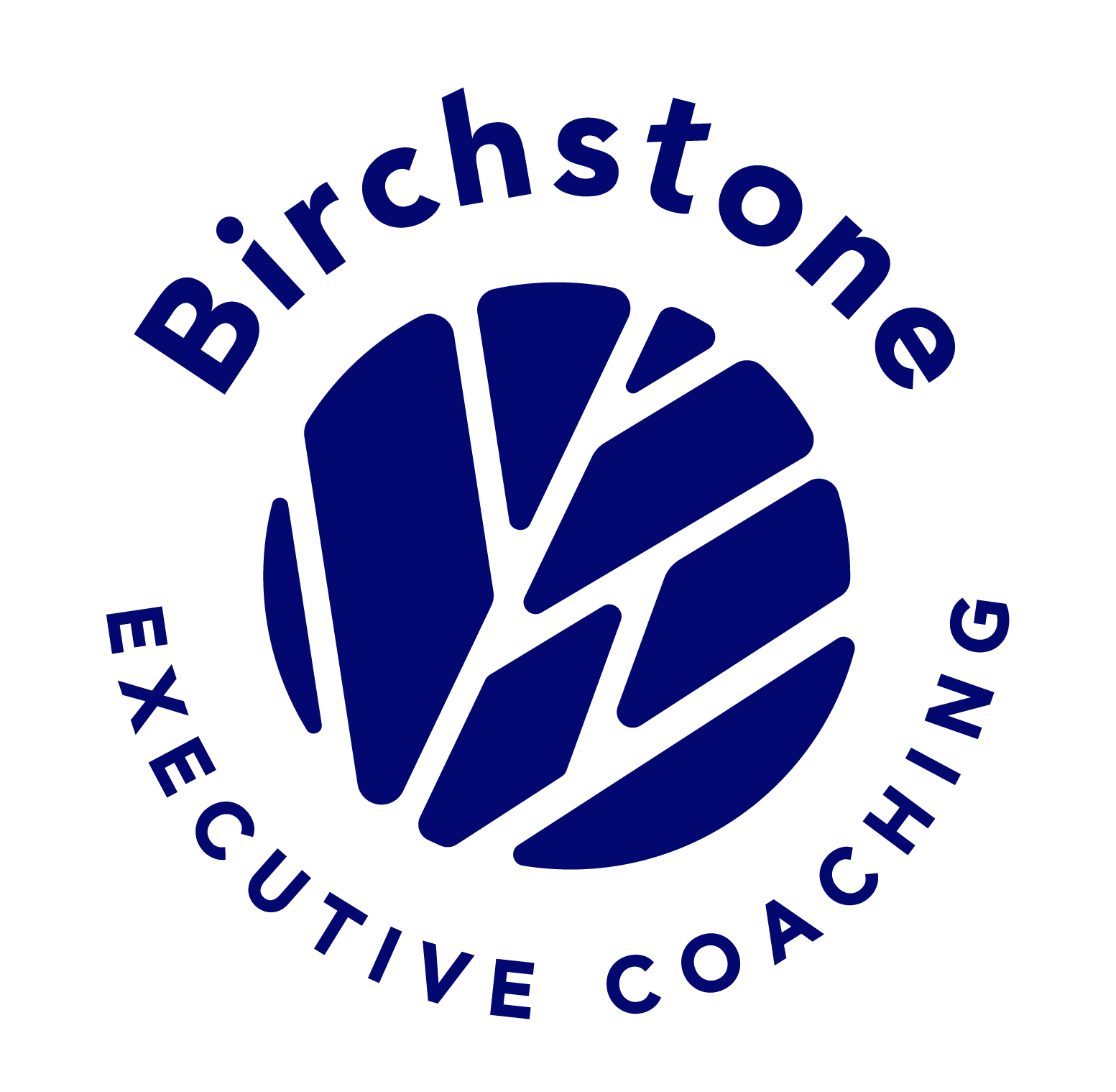 Logo for Birchstone Executive Coaching featuring a blue pine cone illustration and curved text around it.