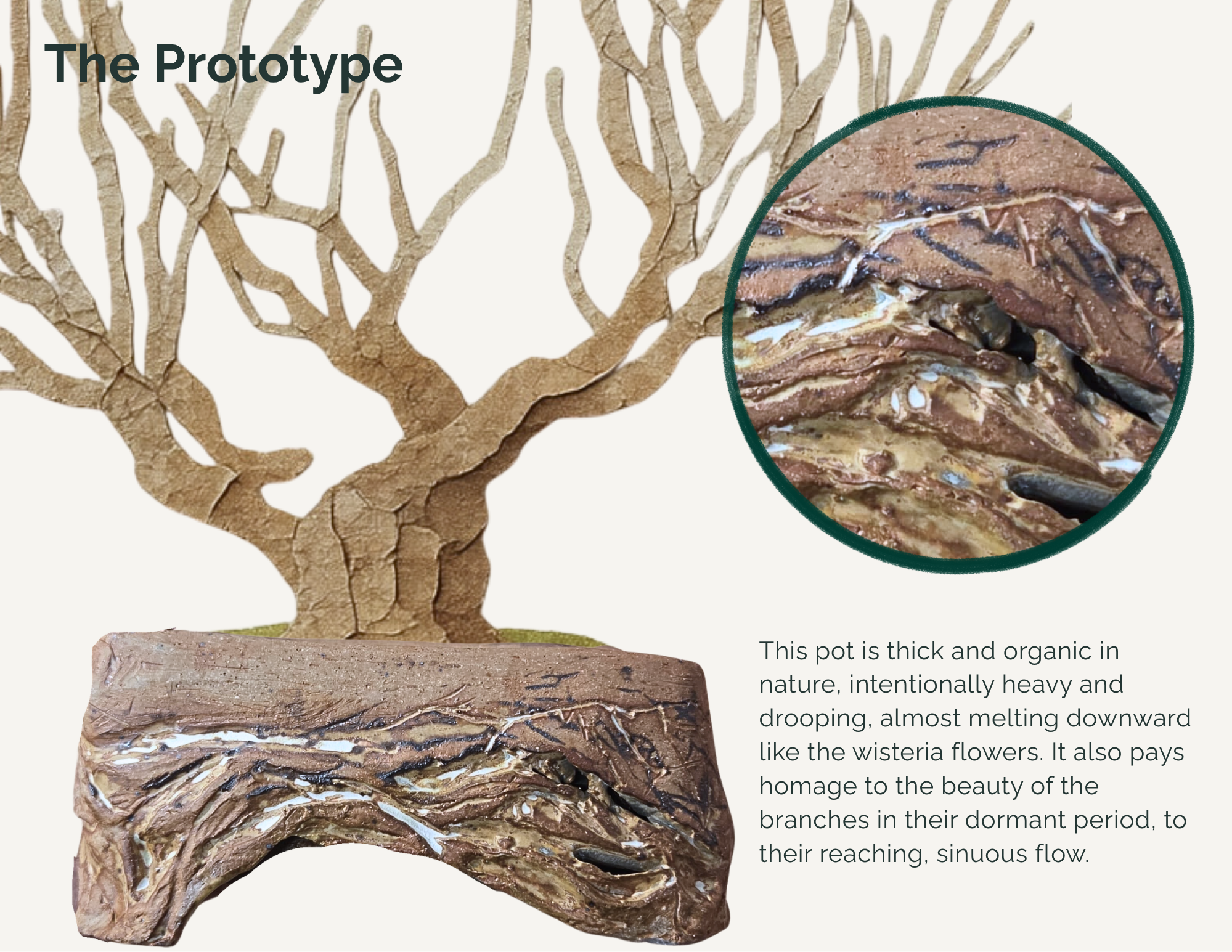 Proposal page showing a ceramic prototype inspired by the heavy flowers and winding branches of wisteria