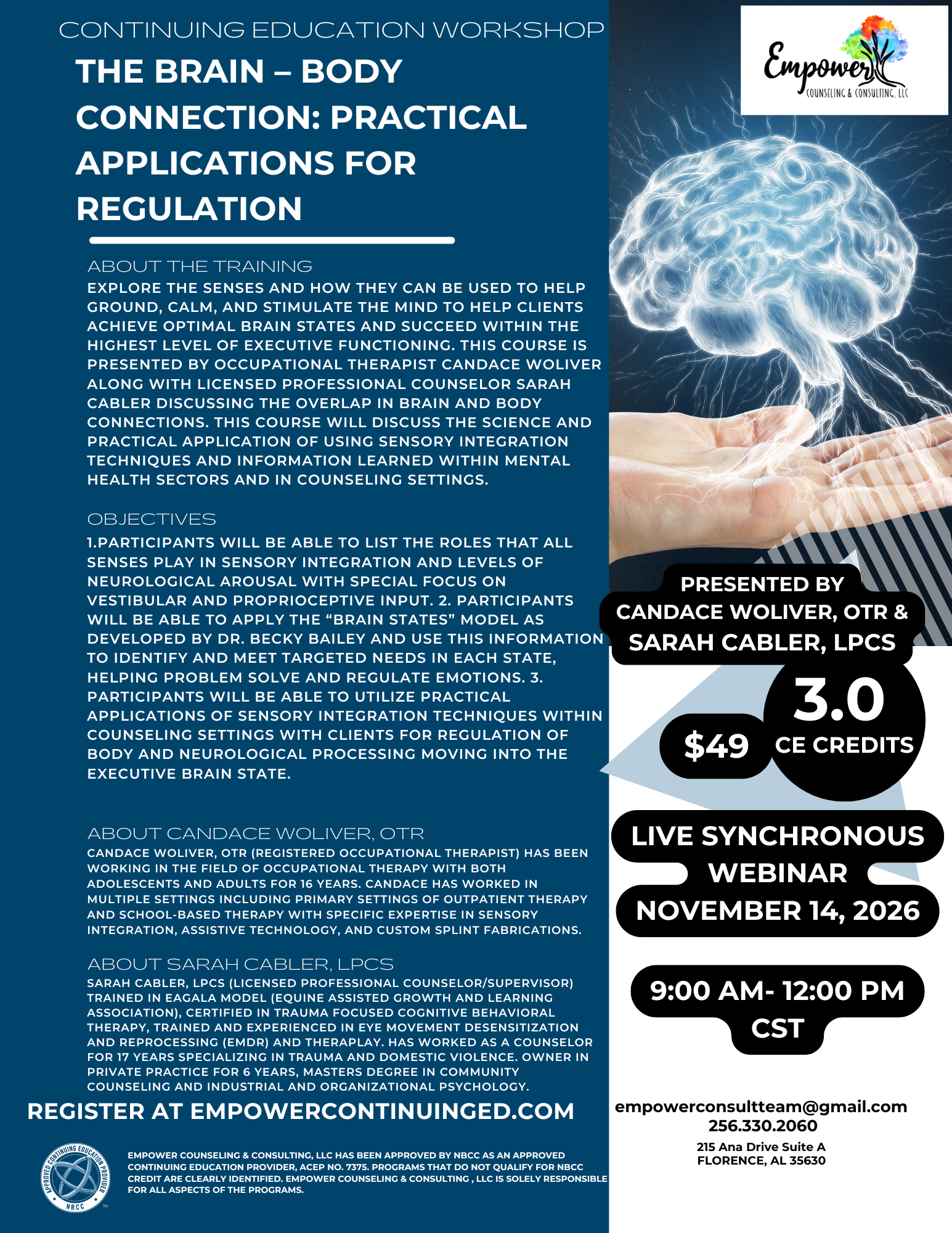 The Brain – Body Connection: Practical Applications for Regulation | November 14, 2026