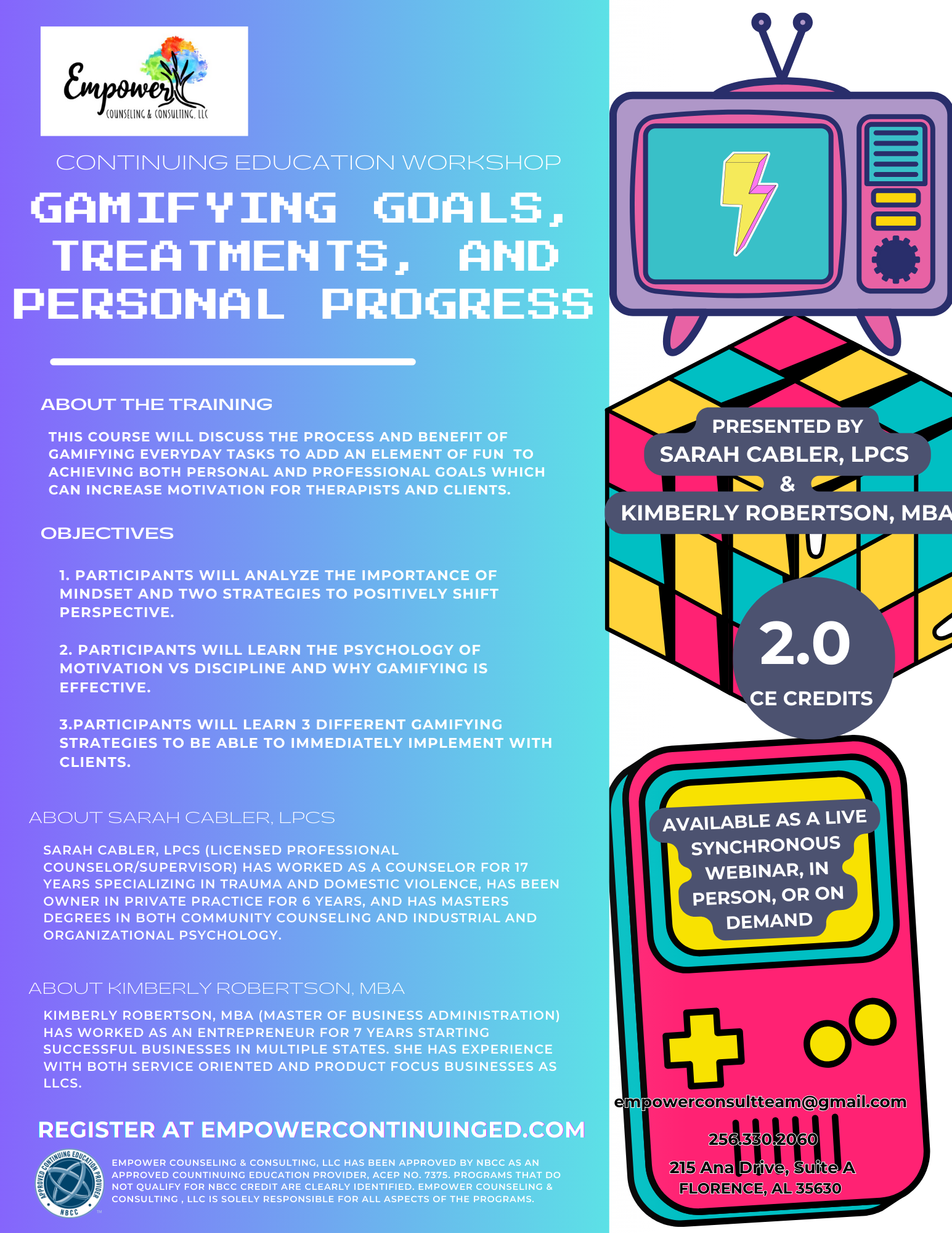 A colorful workshop flyer titled "Gaming Goals, Treatments, and Personal Progress" featuring pixel art and cartoon illustrations of an old TV, Rubik's Cube, and a remote control, with details about the event and presenter information.