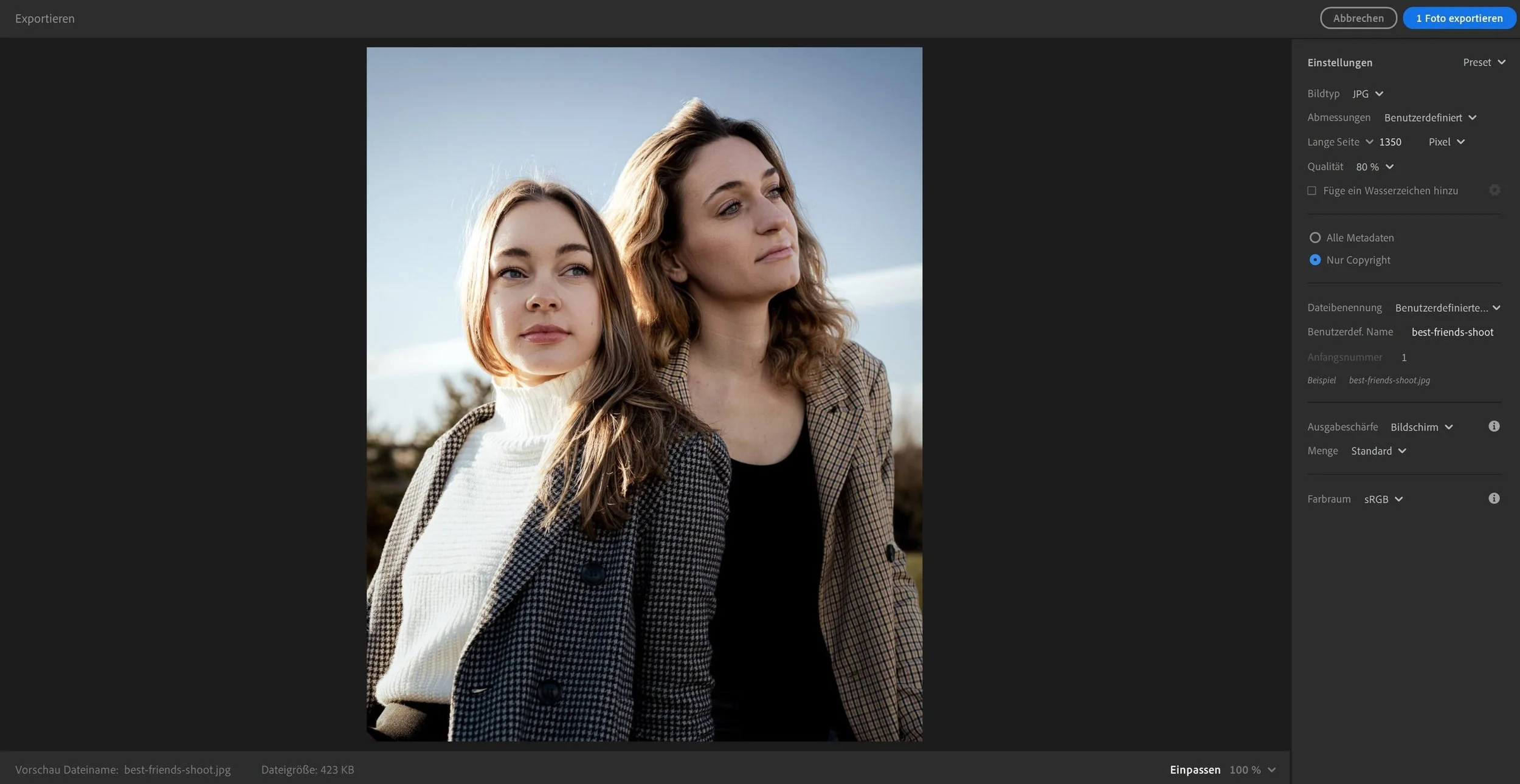 Die Export Einstellungen bei Lightroom für die beste Bildqualität auf Instagram. Beispiel anhand eines Portraits von zwei Models.