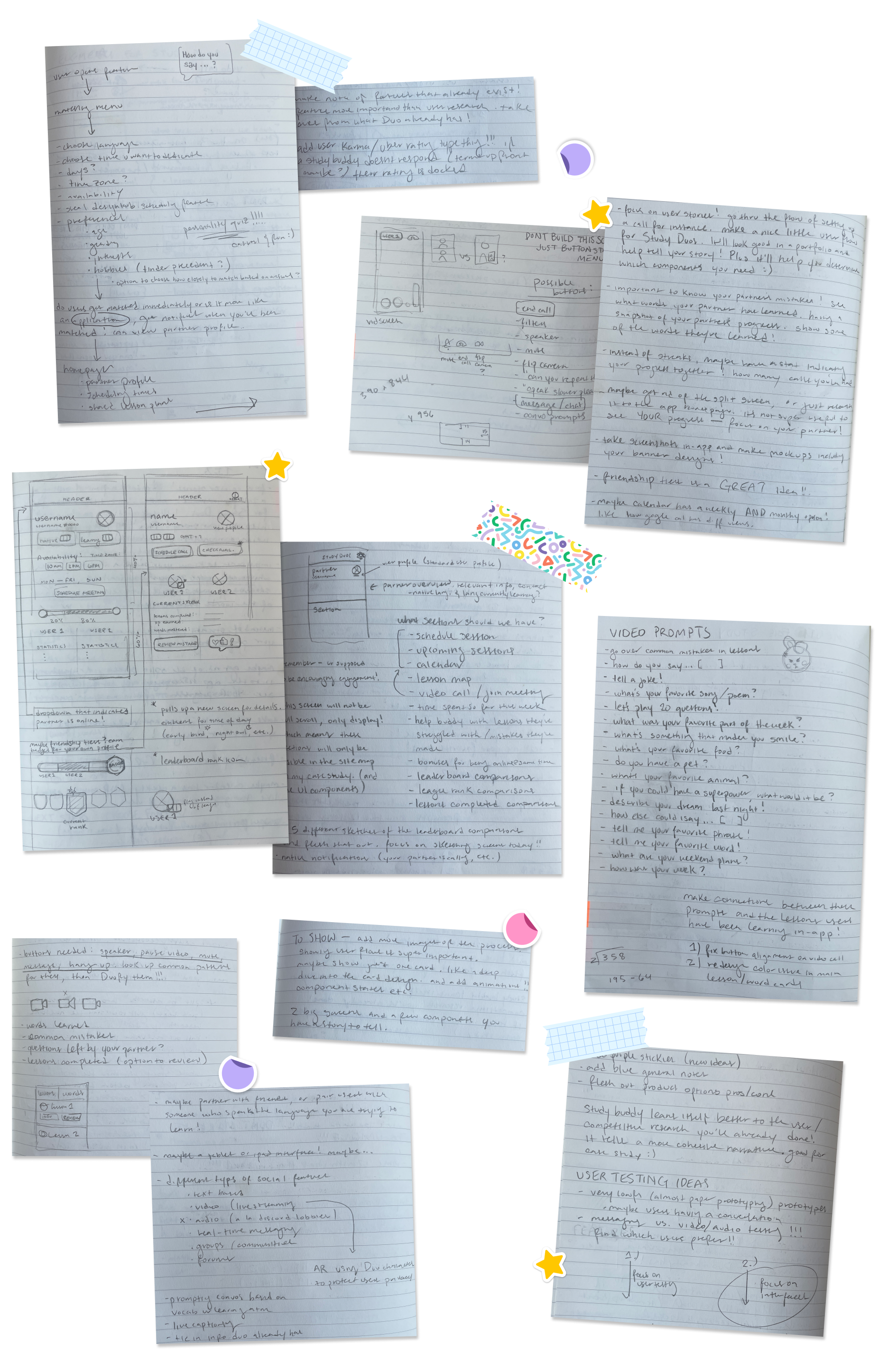 Several photos of sketchbook notes and early ideation sketches.