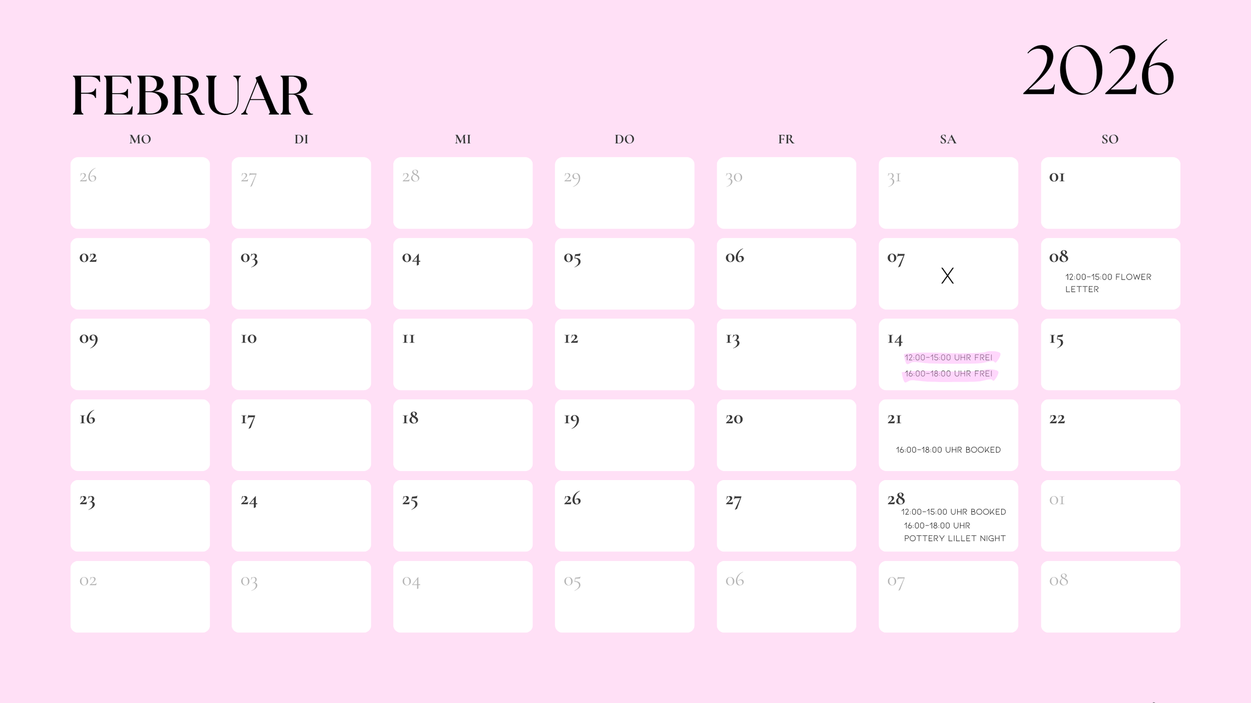 Kalender für Februar 2026 mit rosa Hintergrund, markierten Terminen: 8. Februar von 12:00 bis 15:00 Uhr Blumenletter, 14. Februar von 12:00 bis 15:00 Uhr und 16:00 bis 18:00 Uhr frei, 21. Februar von 16:00 bis 18:00 Uhr gebucht, 28. Februar von 12:00 bis 15:00 Uhr und 16:00 bis 18:00 Uhr Pottery Lillet Night.