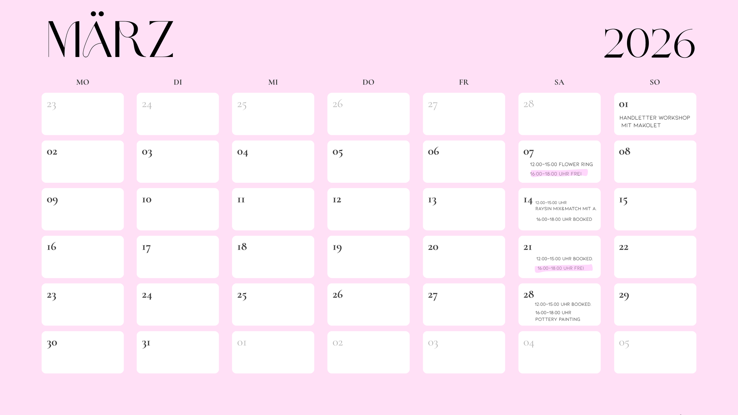 Kalender für März 2026 mit terminen und Ereignissen, auf rosa Hintergrund.