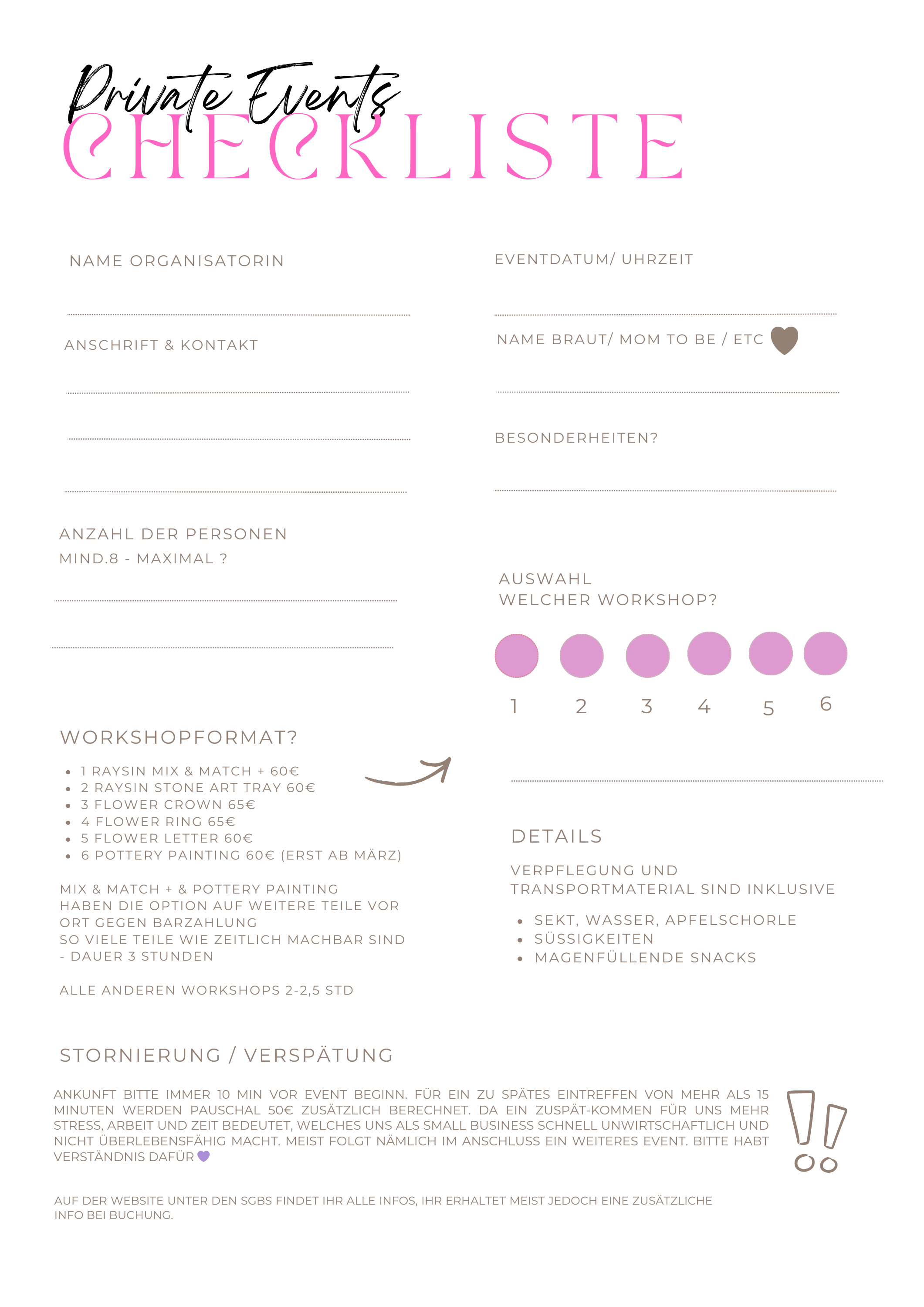 Eine Checkliste für private Events mit Feldern für Organisator, Datum, Kontakt, Teilnehmerzahl, Workshop-Optionen, Details zu Verpflegung, sowie Hinweis auf Ankunftszeit und zusätzliche Infos.