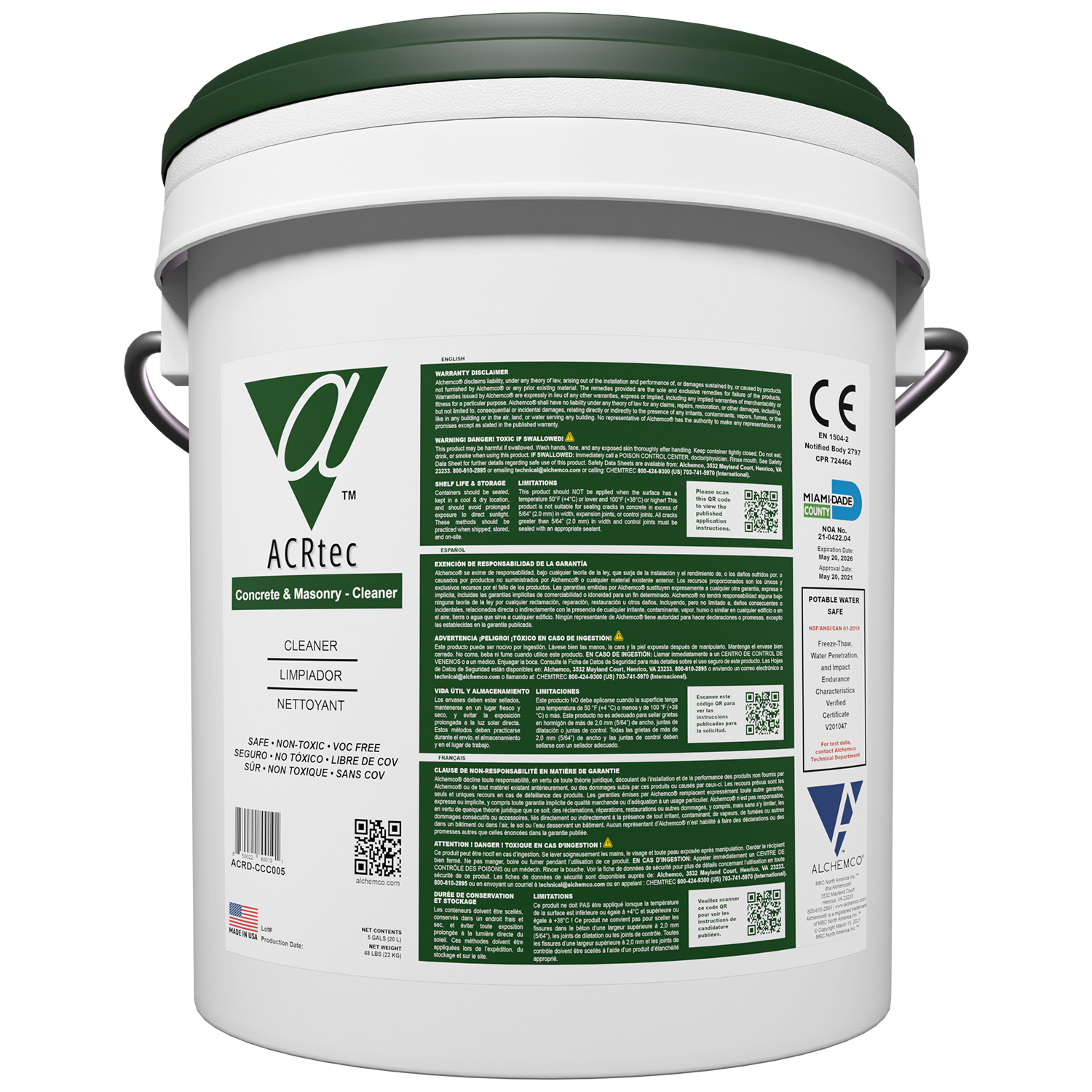 Pail of ACR (Alchemco Clean & Repair) Concrete & Masonry Cleaner