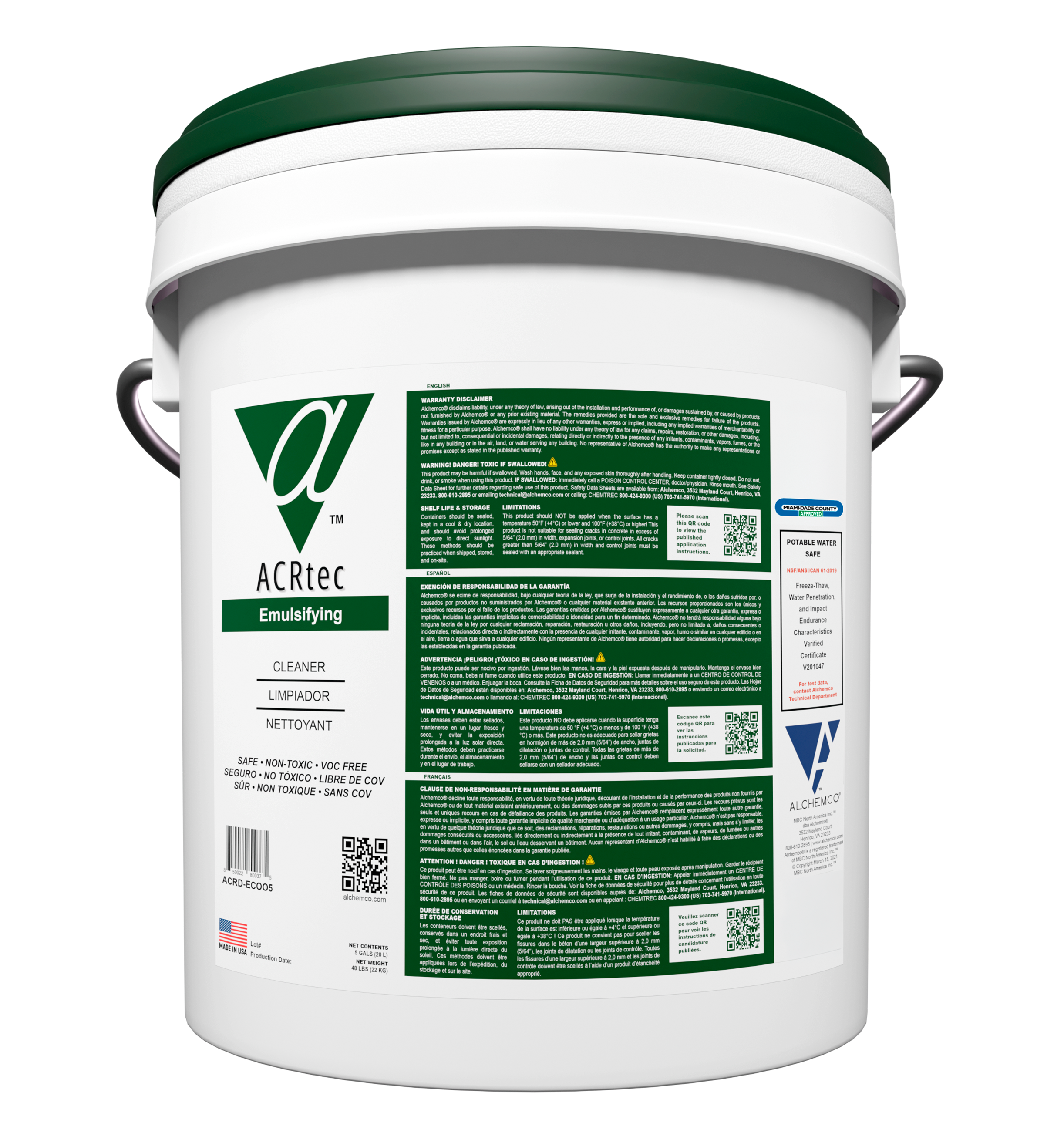 Pail of ACR (Alchemco Clean & Repair) Emulsifying Cleaner