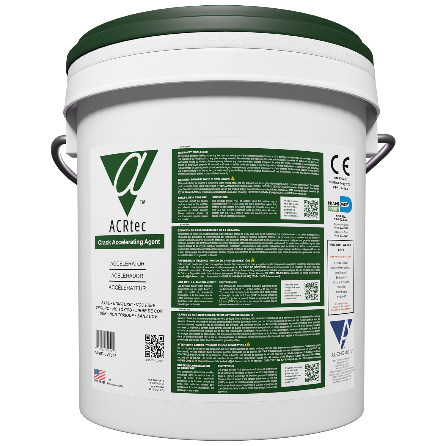 Pail of ACRtec (Alchemco Clean & Repair) Crack Accelerating Agent