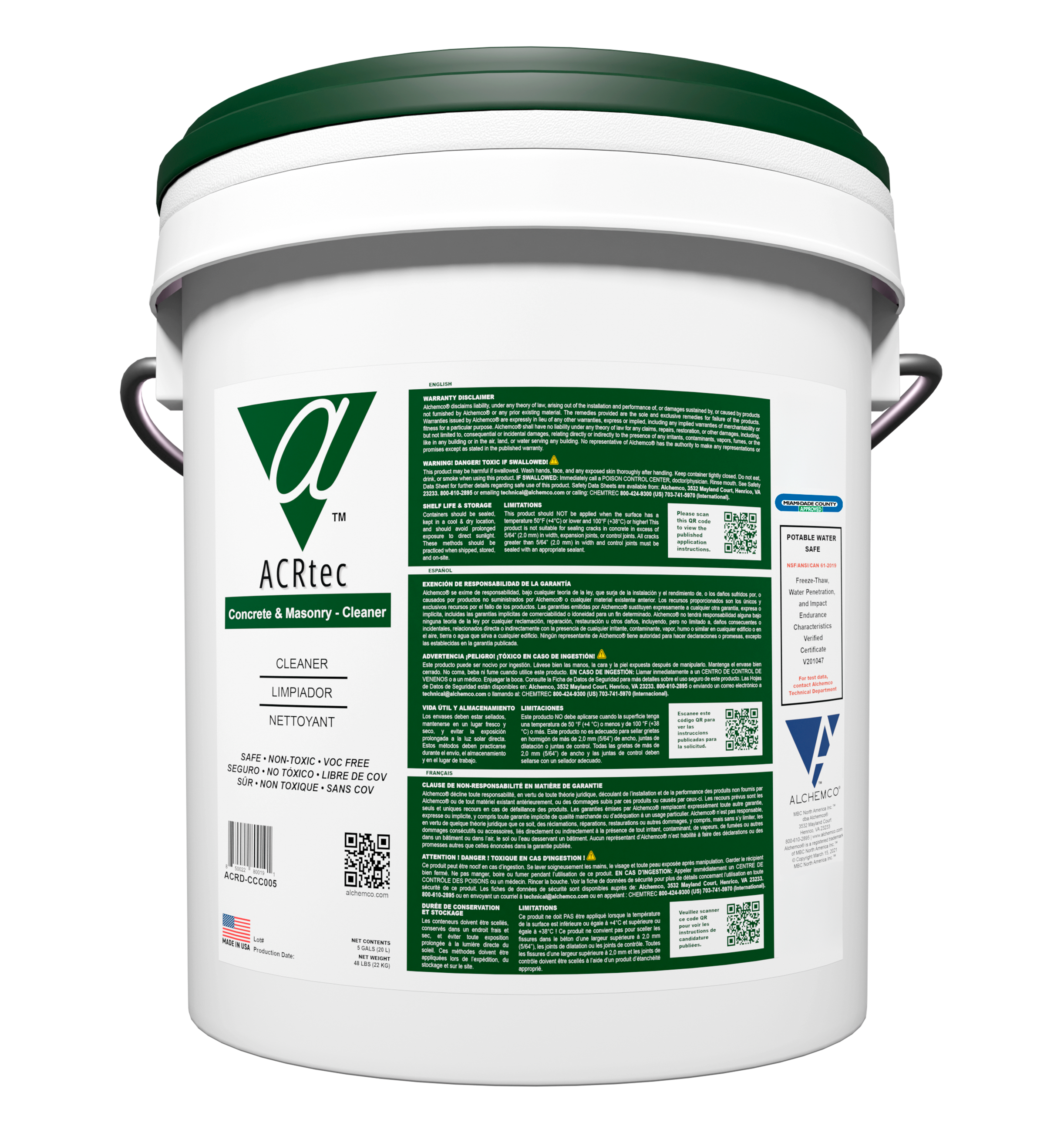 Pail of ACR (Alchemco Clean & Repair) Concrete & Masonry Cleaner