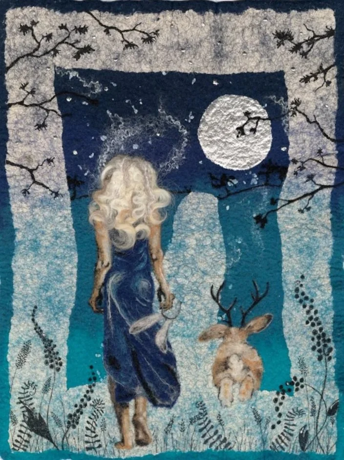 Under the Light of the Silver Moon, A Rabbit Named Fear collection 2022. Wet felted mixed media