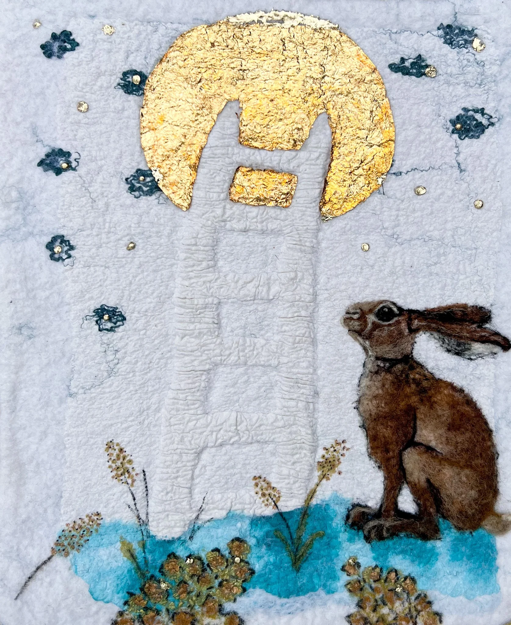 Ladder to the Moon, A Rabbit Named Fear Collection, 2022. Wet felted mixed media