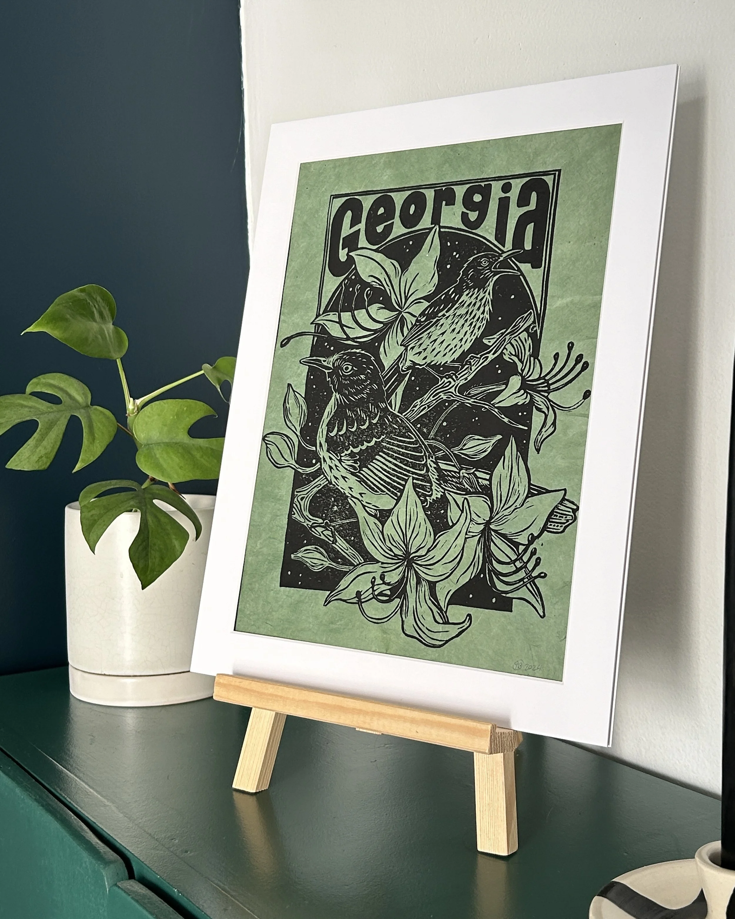 Georgia Natives: Wildflower and Bird Hand Block Print