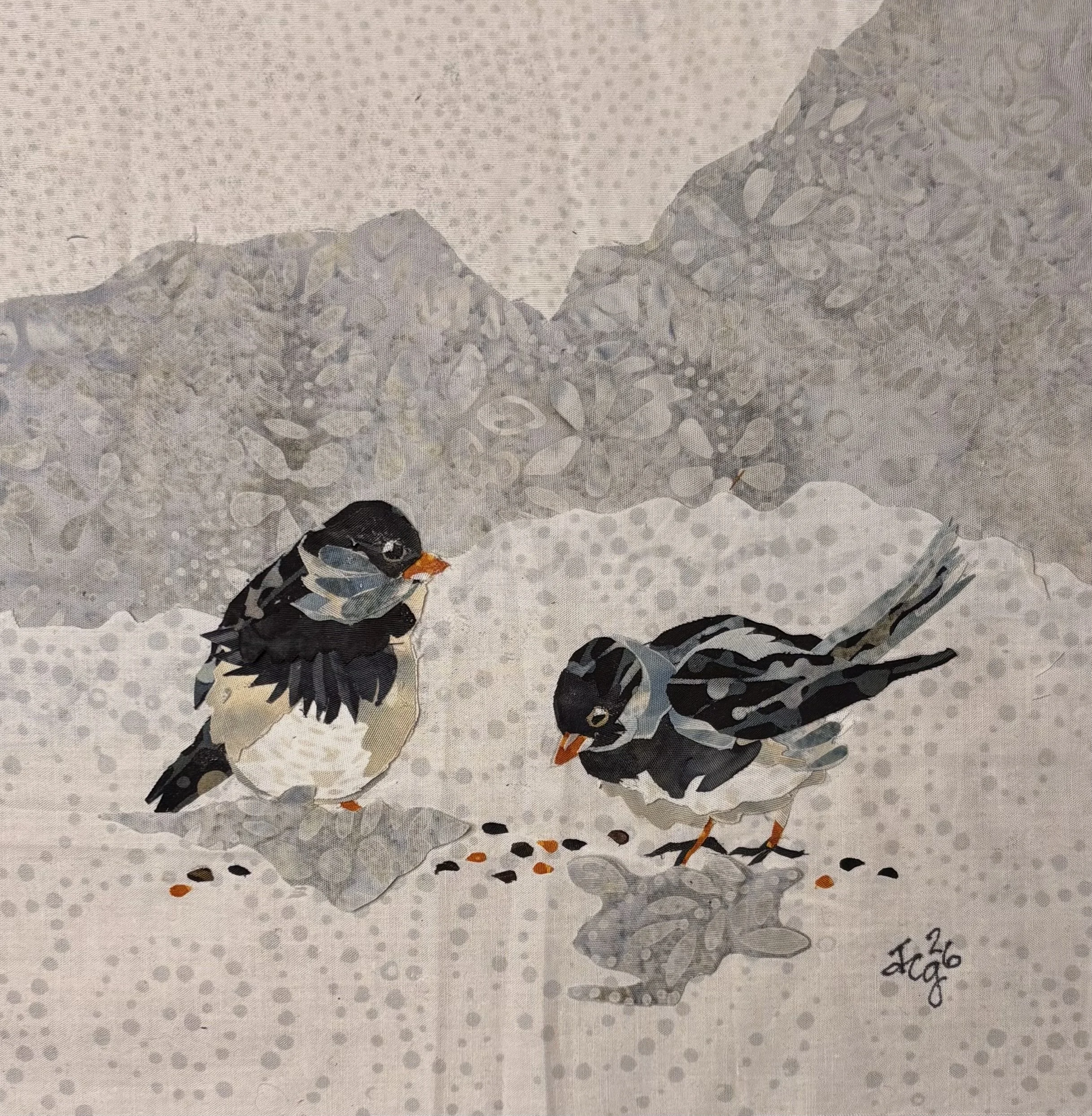 Dark-eyed Juncos, 2026. 9 x 9 inches; shadow box framed. $165