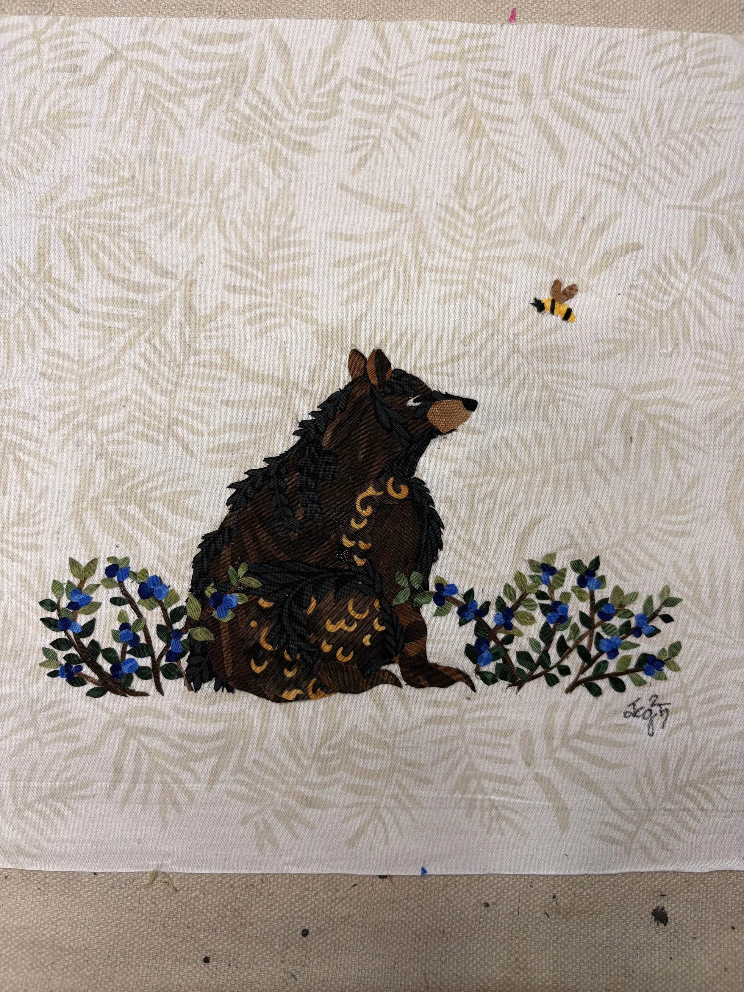 A Bear, a Bee, and Blueberries, 2025. 9 x 9 inches; shadow box framed. $165