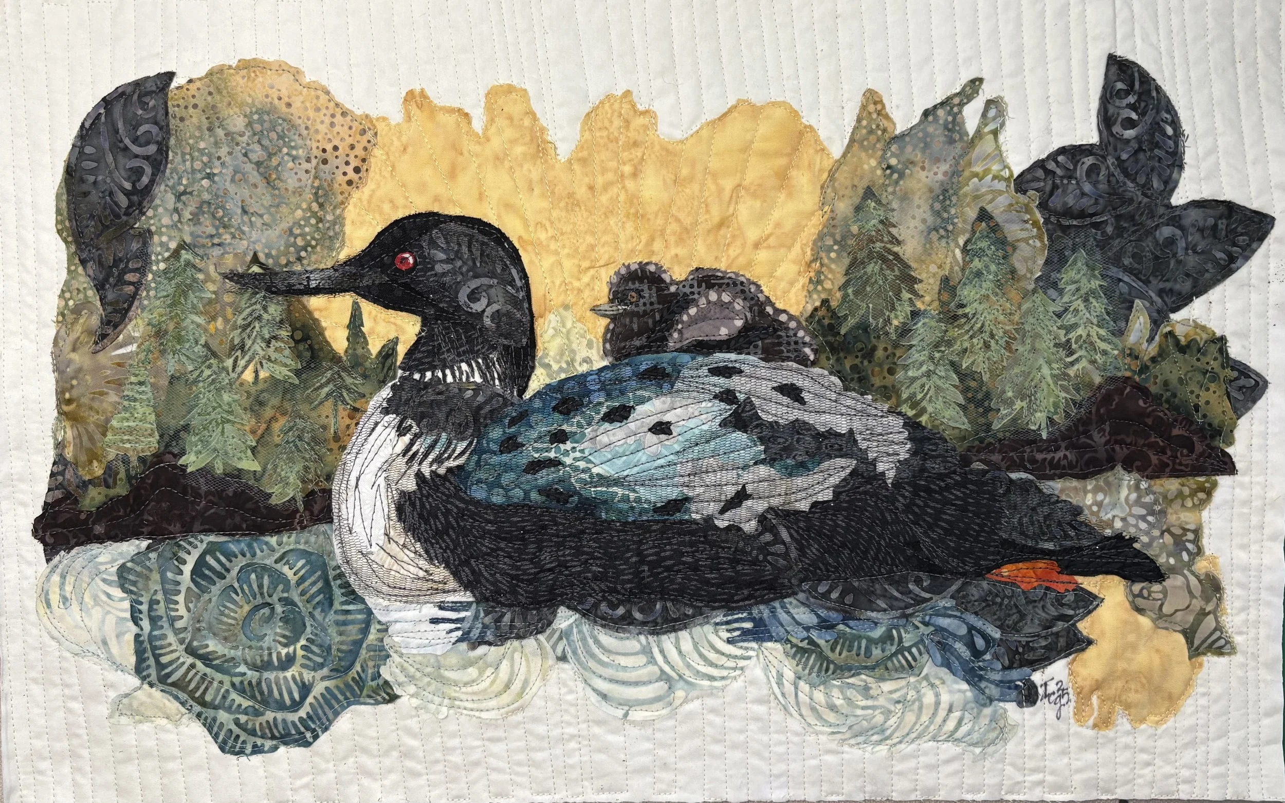 Common Loon with Chick, 2025. 14 x 11 inches; shadow box framed. Commission