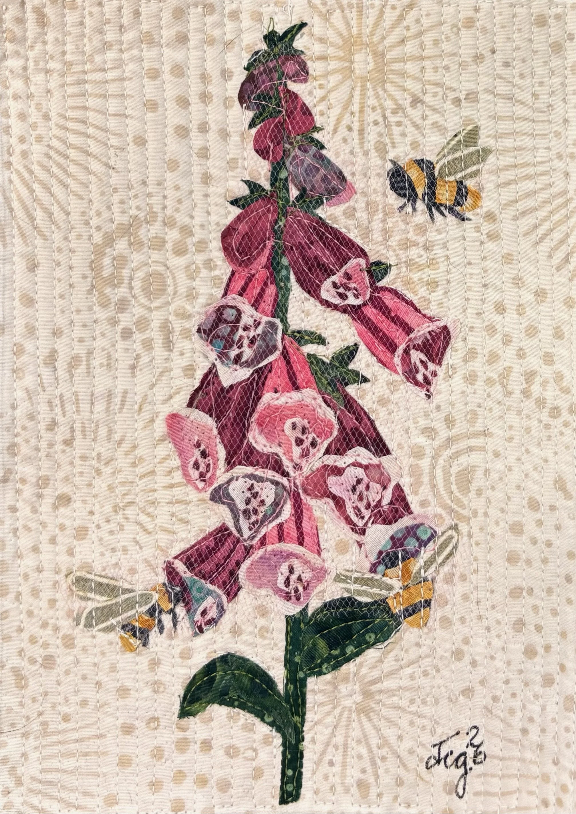 Bees on Foxglove. 2026. 7" x 9"; floating frame. $150
