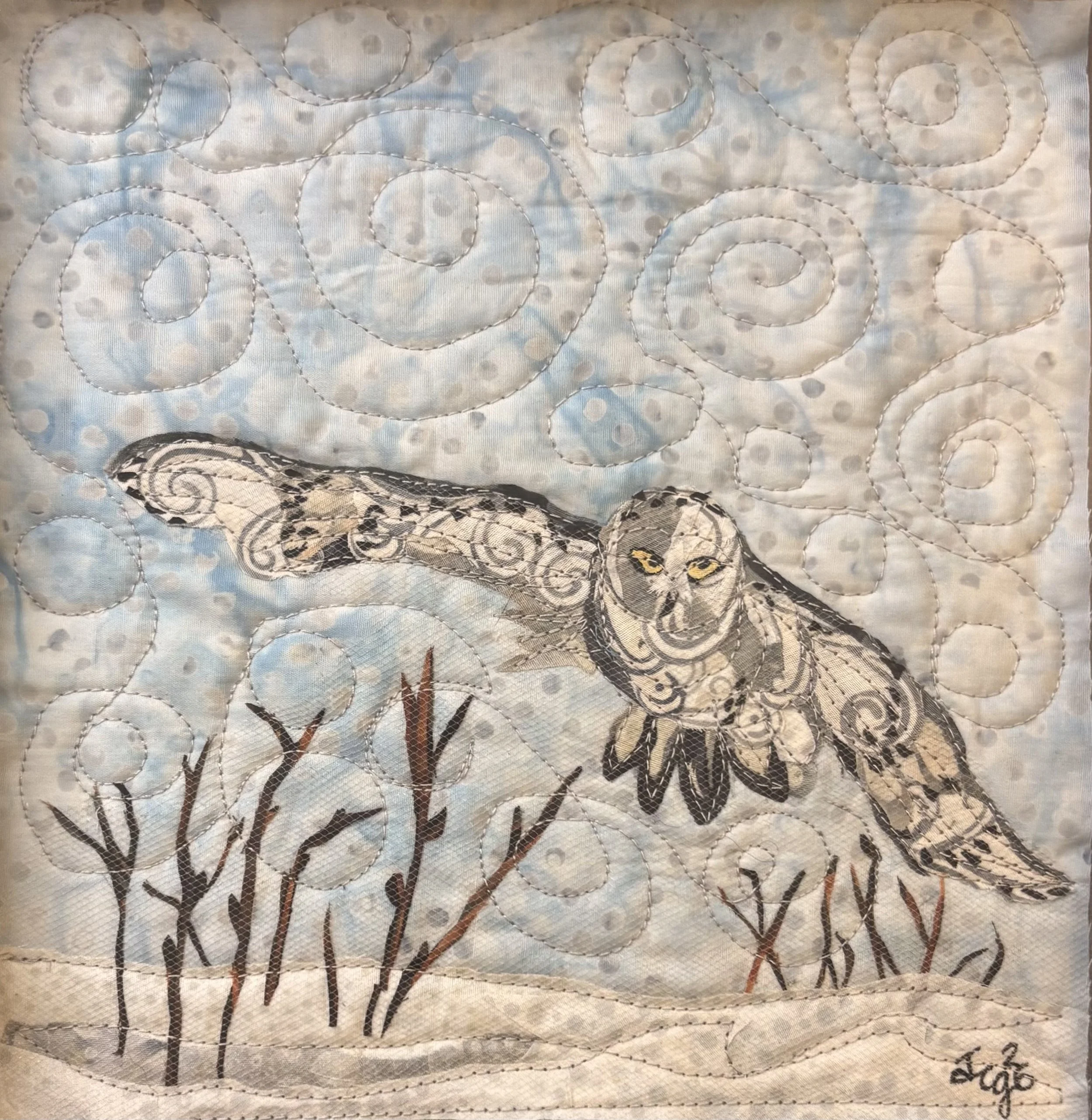 In Flight (snowy owl), 2026. 9 x 9 inches; shadow box framed. $165