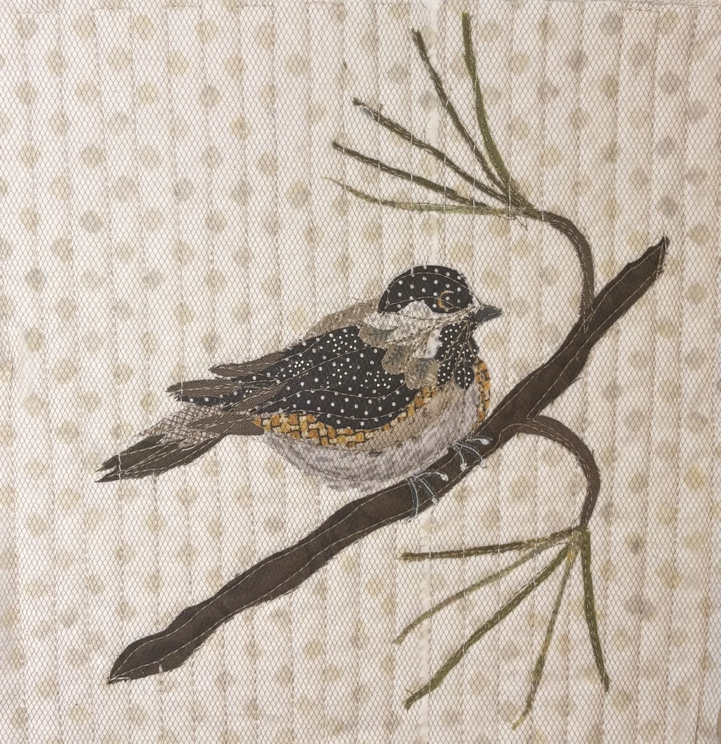 Maine Chickadee on Maine's Tree, 2026. 9 x 9 inches; shadow box framed. $165