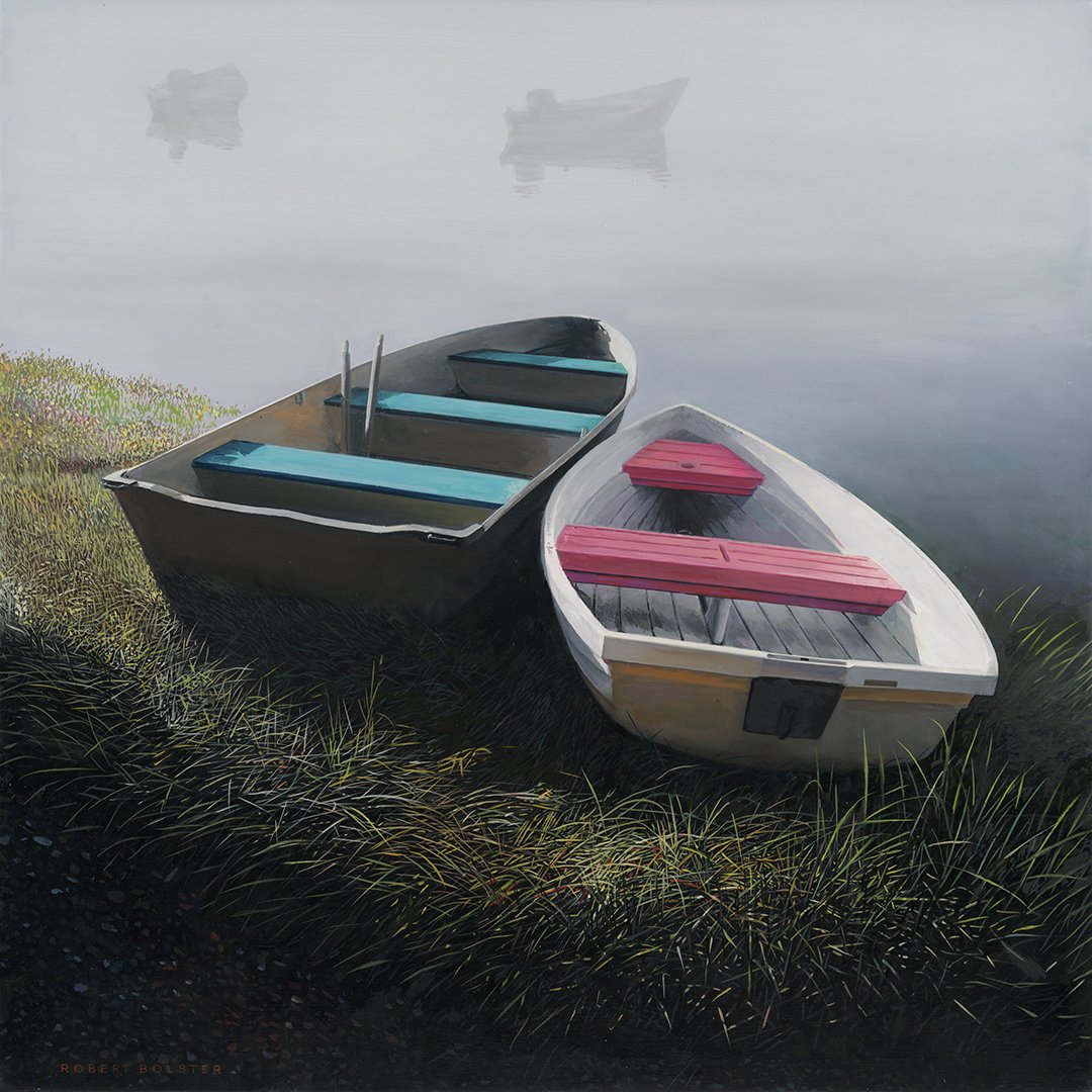 “Sweethearts” is a 30x30, oil on linen. The painting depicts two small boats with colorful seats, snuggled together, on a bed of marsh grass. Two other faint silhouettes appear in the early morning fog on the waters of Orleans Cove, Orleans, MA.