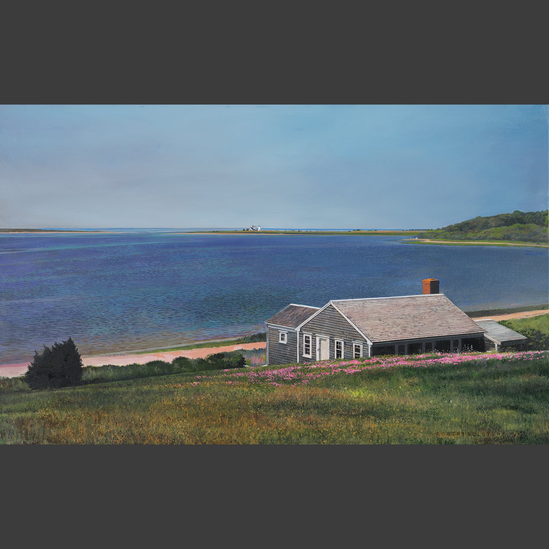 
  "Blue Harbor" is a new 20x32, oil on canvas. The painting depicts a view of Stage Harbor, Chatham, from a lawn next to Champlain Road. This painting hung unfinished in my studio for more than a decade. The sky and foreground were reworked, and mor