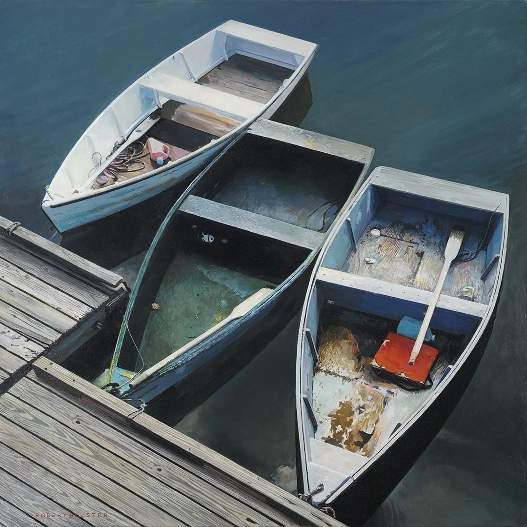 “Trio,’ 2026, is a 30x30, oil on canvas. The painting depicts three similar, but very unique, skiffs tied up to a pristine floating dock. The vessels show signs of weathering from years of use, the harsh Atlantic, and the individuals who own them. Ea
