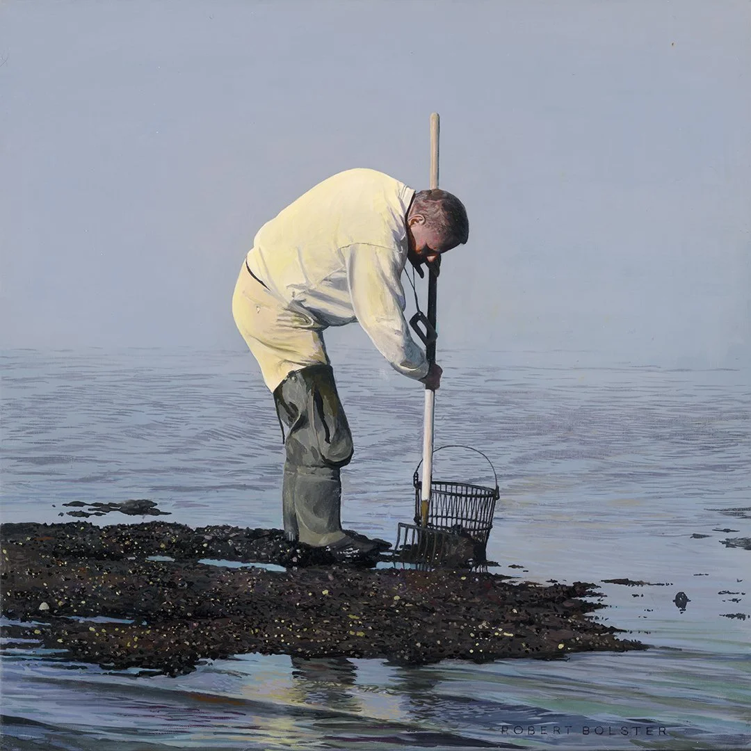 “Gold Digger” is an, 18x18, oil on linen, that depicts a man raking for “ocean gold,” or clams, on a small peninsula somewhere in Chatham, MA. This scene could be anywhere along the Atlanic coast where clams live. Some of the flecks in the mud are 23