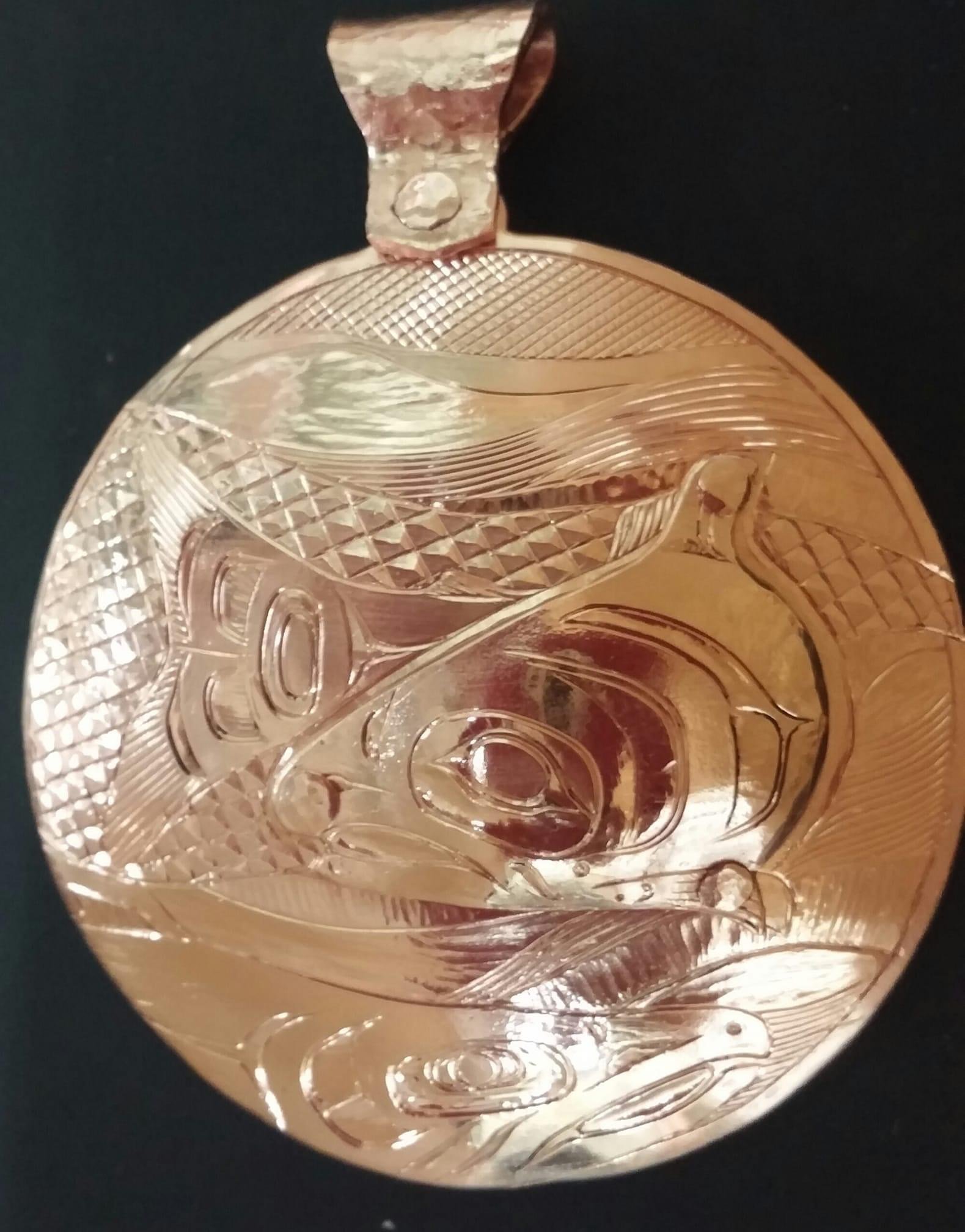 “Not today” copper salmon pendant with riveted detail *sold*